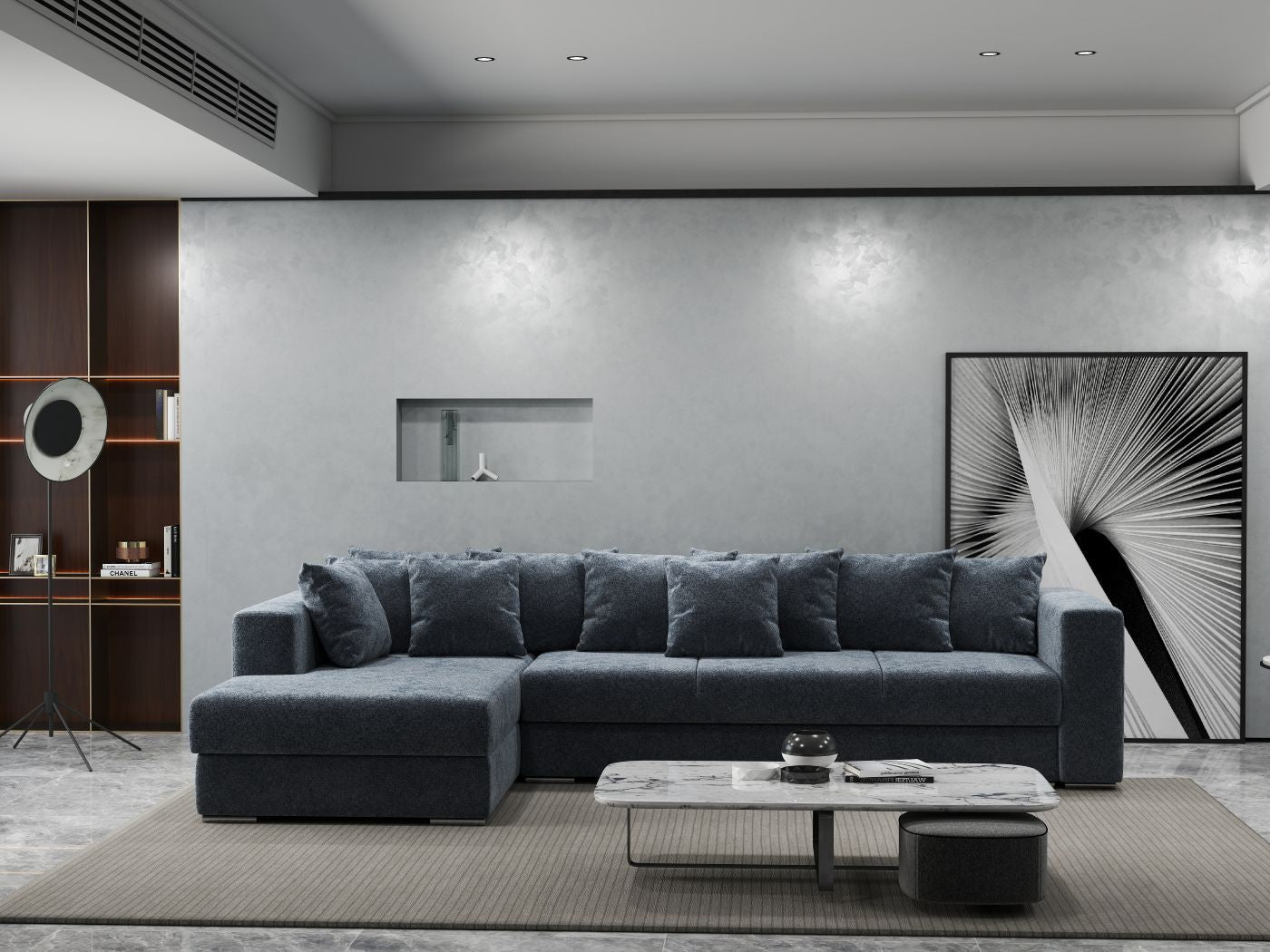 Colțar extensibil dumonde cu ladă de depozitare si sezut confortabil din spuma HR, Gloria Euphoria Grafit 320x183 cm Fabrica