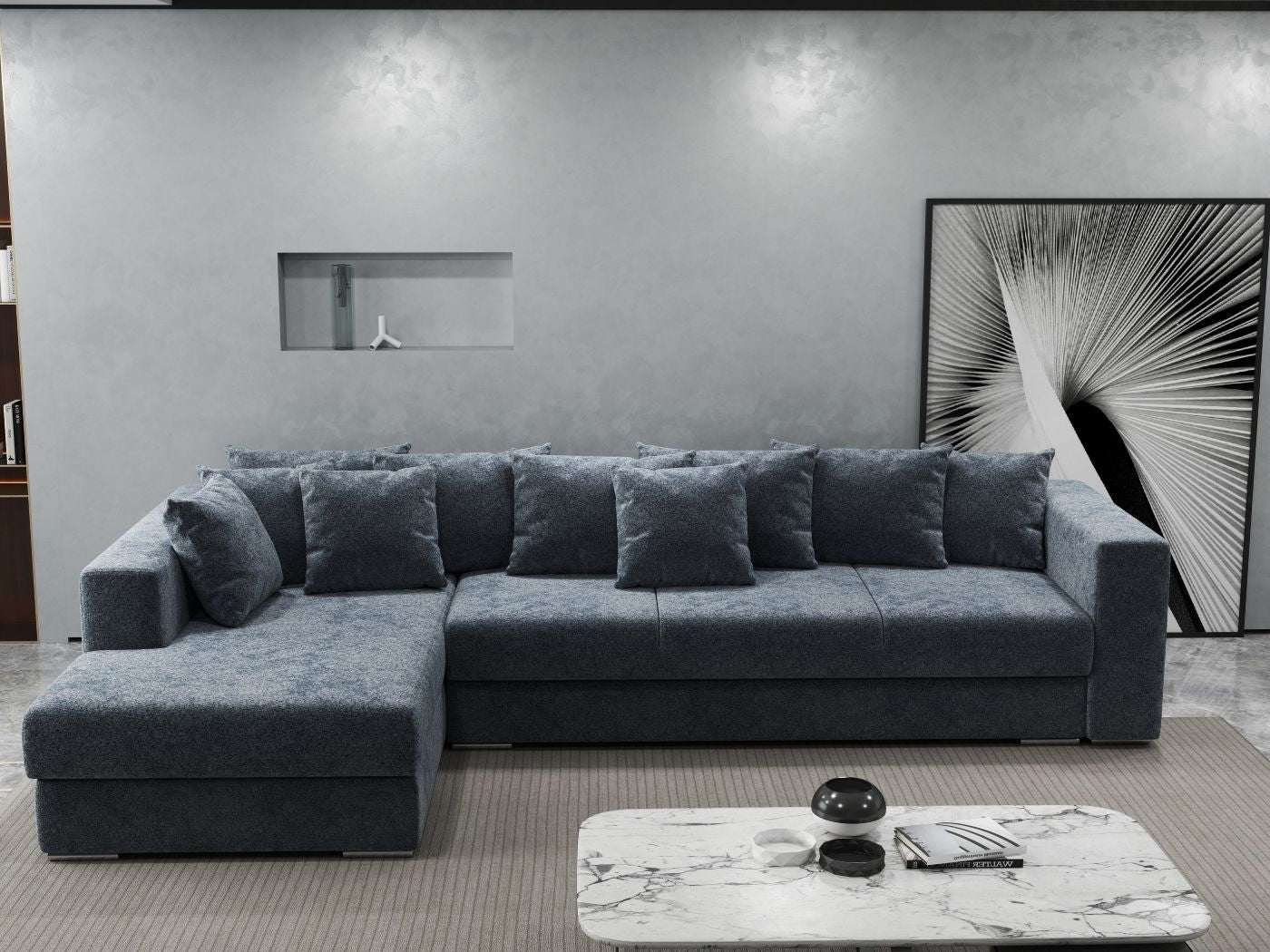 Colțar extensibil dumonde cu ladă de depozitare si sezut confortabil din spuma HR, Gloria Euphoria Grafit 320x183 cm Fabrica