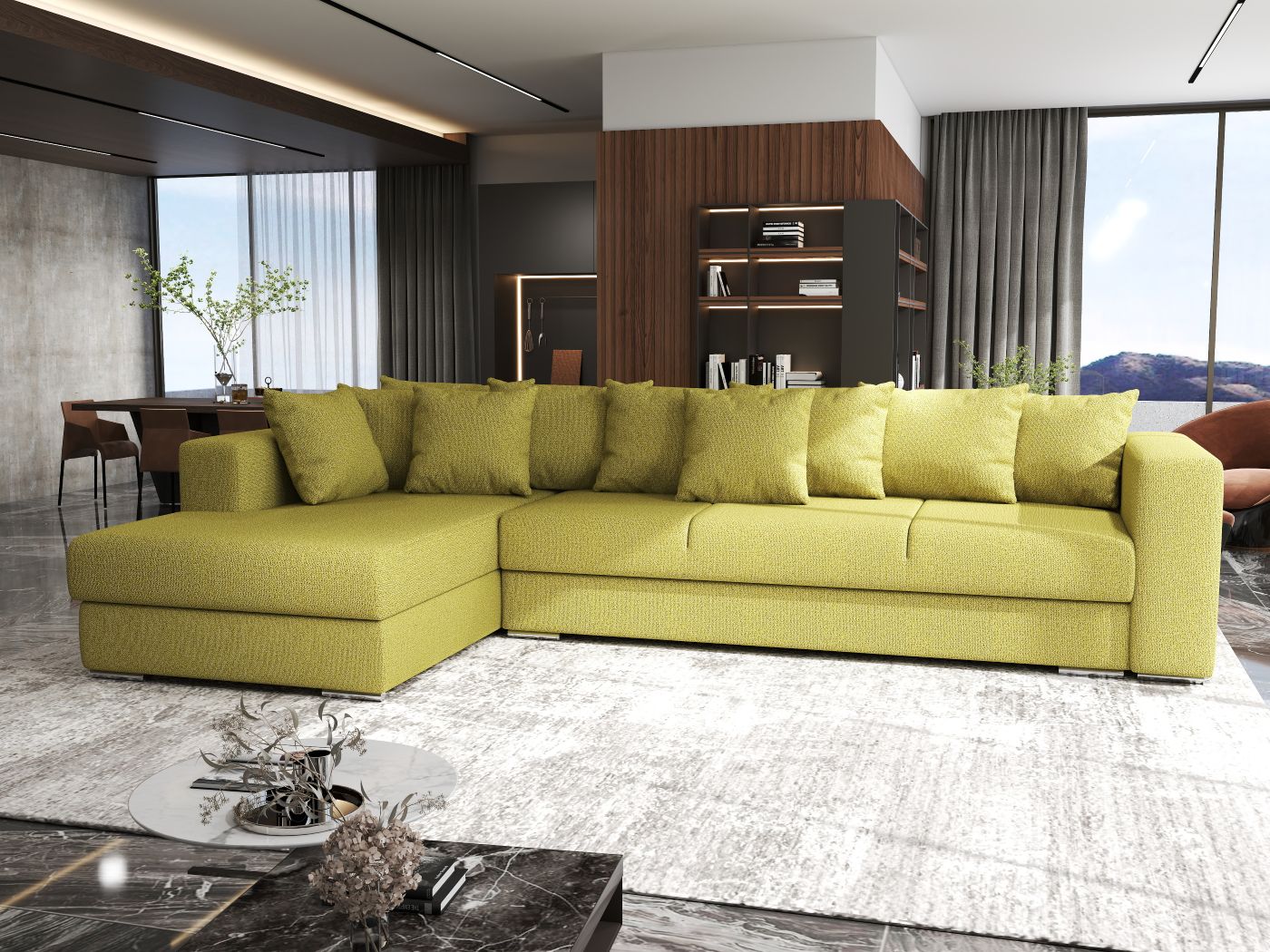 Colțar extensibil dumonde cu ladă de depozitare si sezut confortabil din spuma HR, Gloria Green Lux 320x183 cm Fabrica