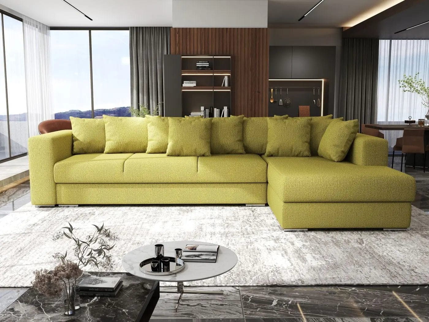 Colțar extensibil dumonde cu ladă de depozitare si sezut confortabil din spuma HR, Gloria Green Lux II 320x183 cm Fabrica
