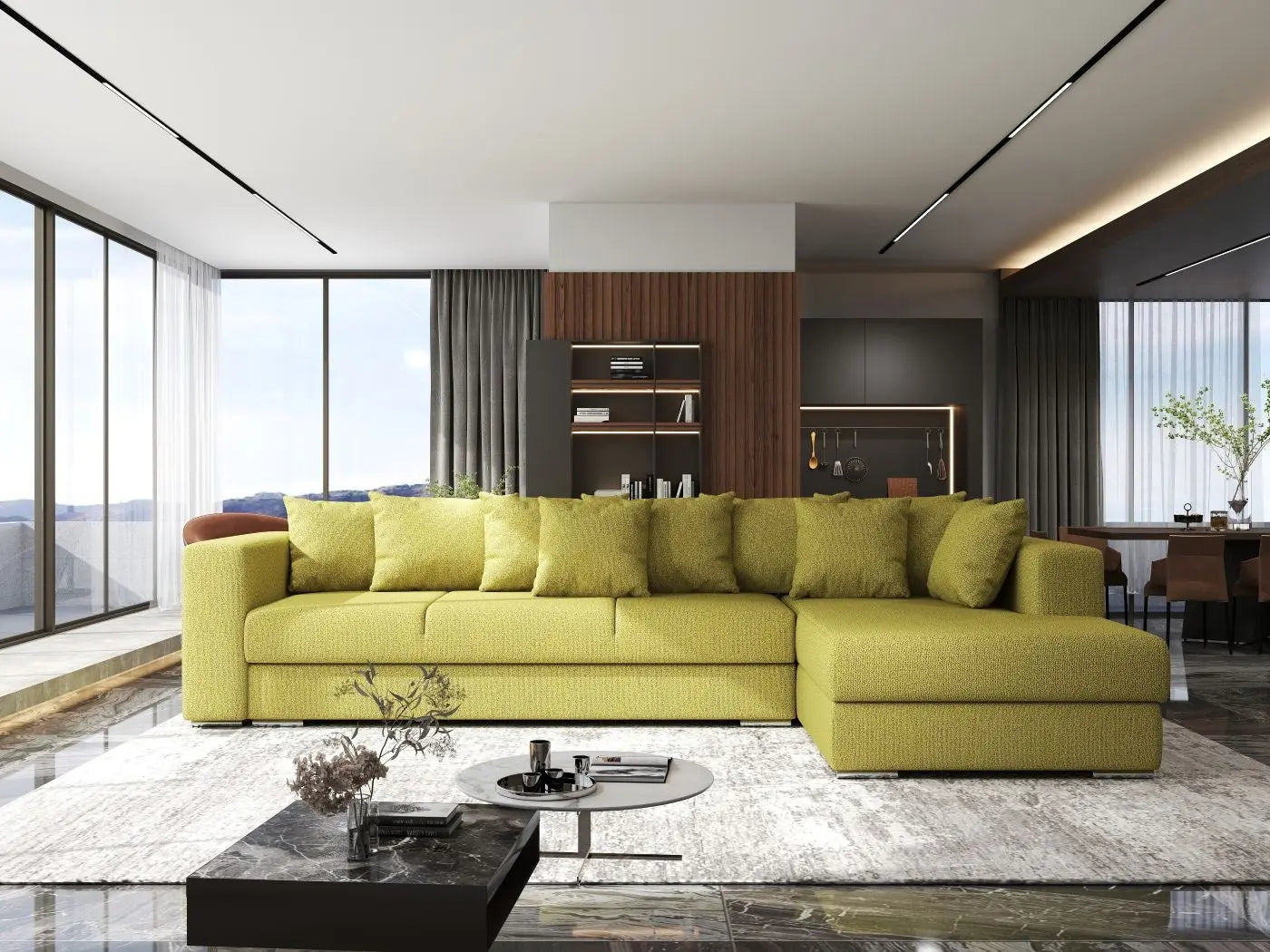 Colțar extensibil dumonde cu ladă de depozitare si sezut confortabil din spuma HR, Gloria Green Lux II 320x183 cm Fabrica