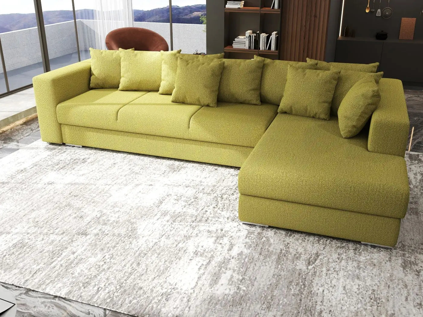 Colțar extensibil dumonde cu ladă de depozitare si sezut confortabil din spuma HR, Gloria Green Lux II 320x183 cm Fabrica