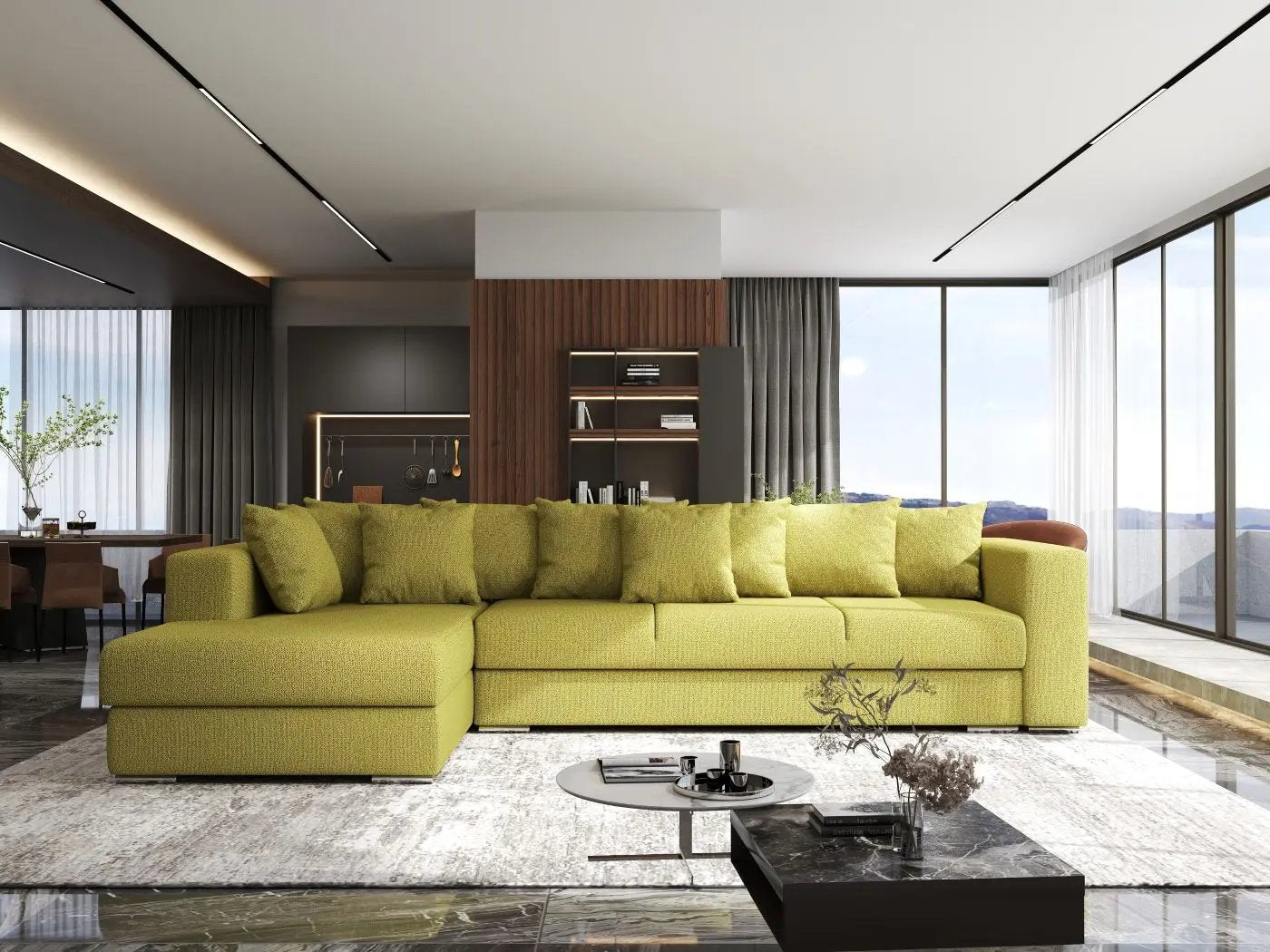 Colțar extensibil dumonde cu ladă de depozitare si sezut confortabil din spuma HR, Gloria Enjoy Green 320x183 cm Fabrica