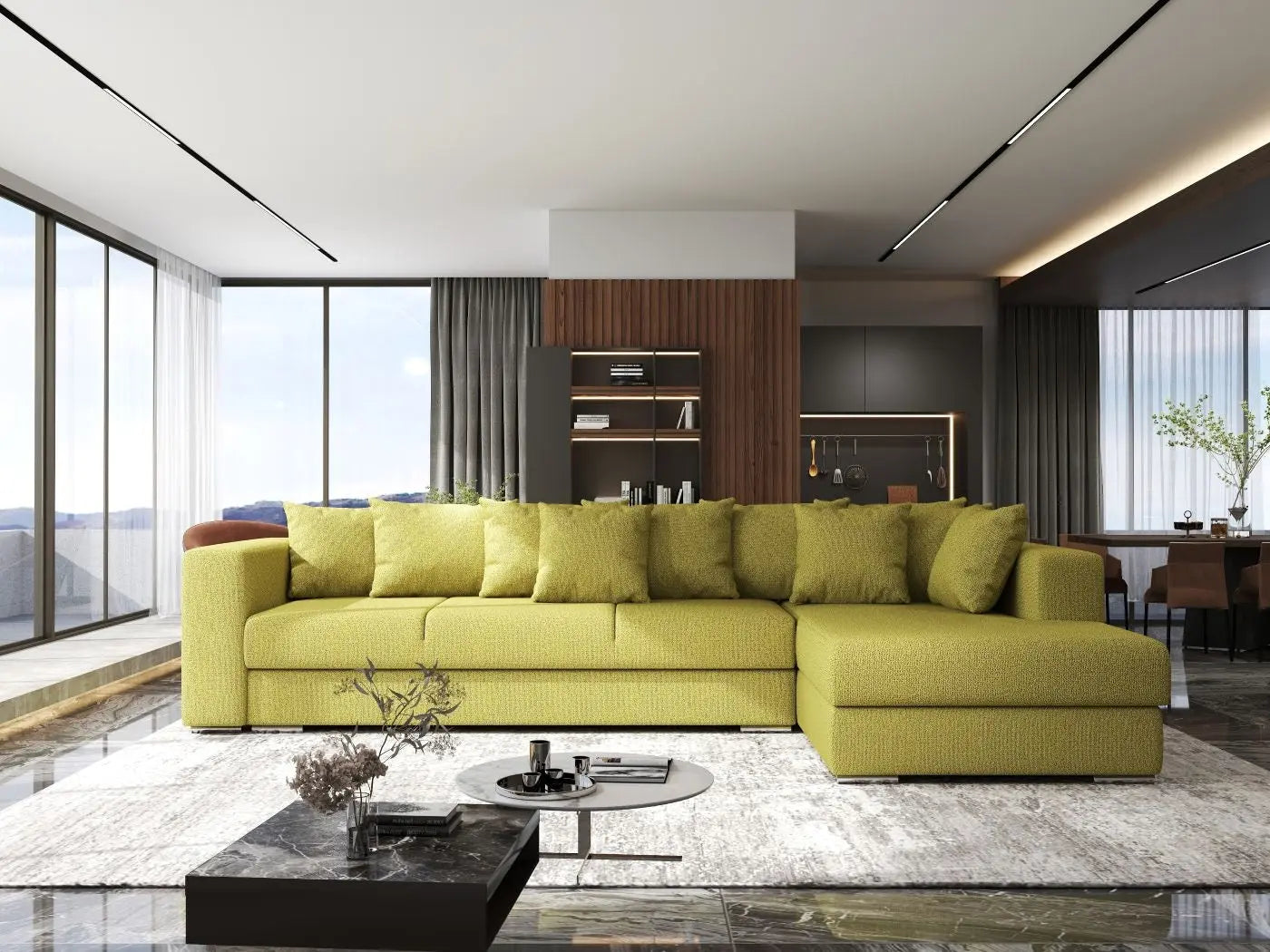 Colțar extensibil dumonde cu ladă de depozitare si sezut confortabil din spuma HR, Gloria Green Lux II 320x183 cm Fabrica