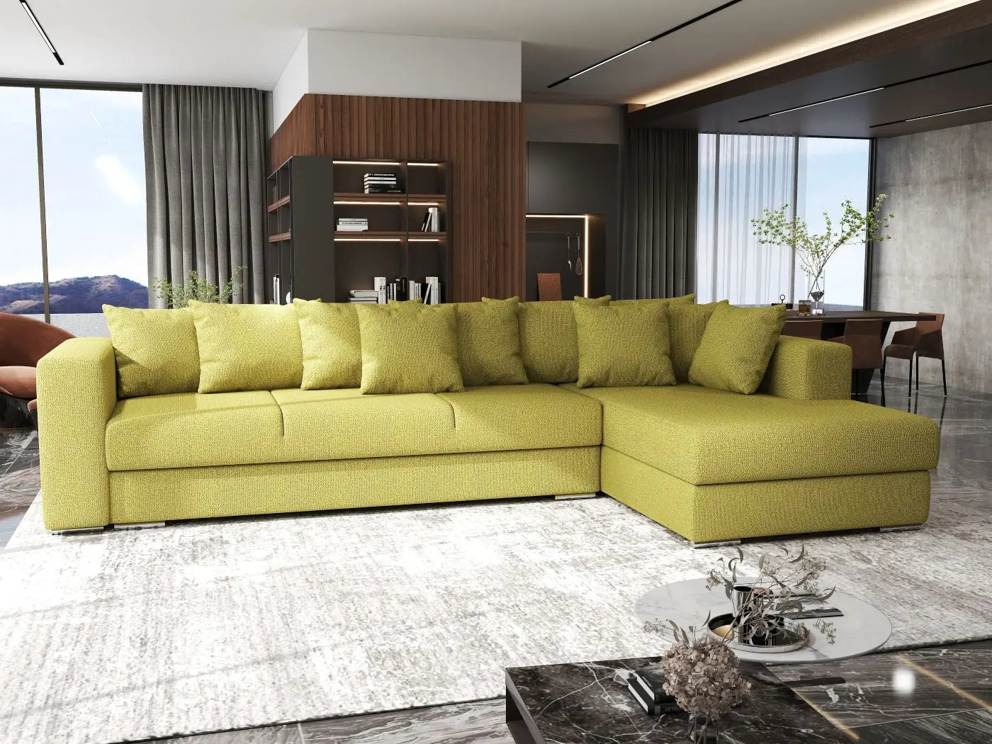 Colțar extensibil dumonde cu ladă de depozitare si sezut confortabil din spuma HR, Gloria Green Lux II 320x183 cm Fabrica