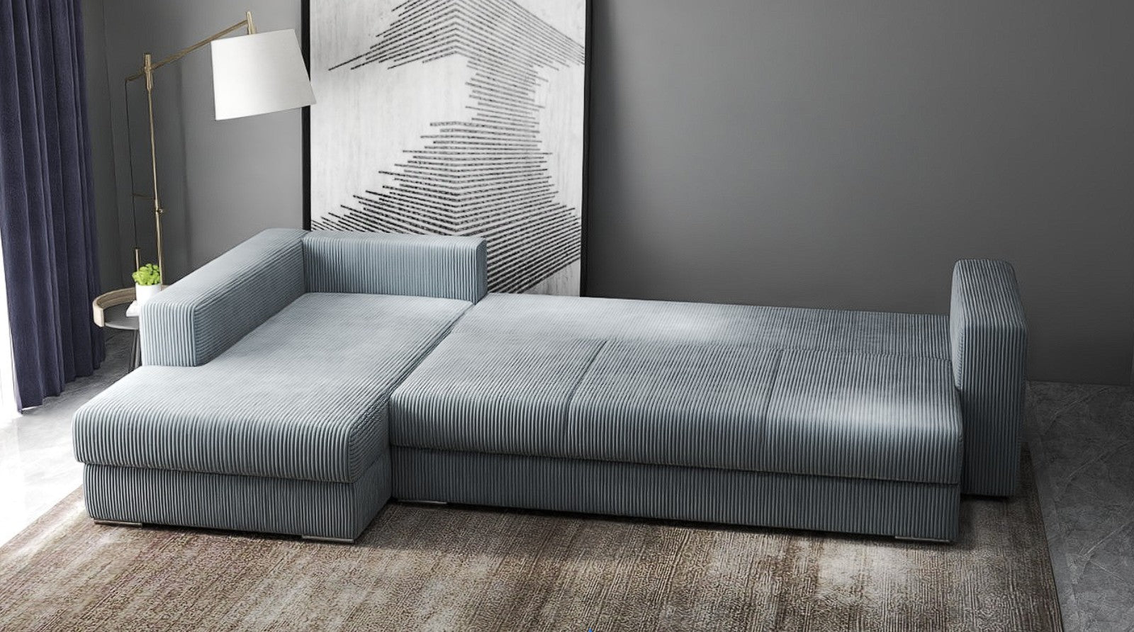 Colțar extensibil dumonde cu ladă de depozitare si sezut confortabil din spuma HR, Gloria Zoom Grey 320x183 cm Fabrica