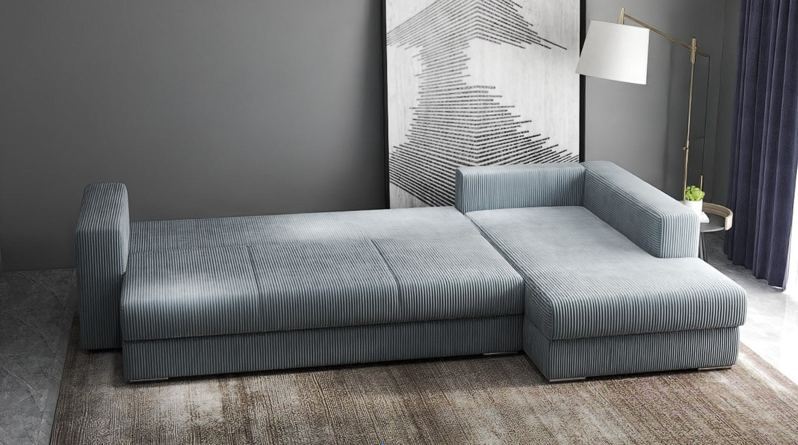 Colțar extensibil dumonde cu ladă de depozitare si sezut confortabil din spuma HR, Gloria Zoom Grey II 320x183 cm Fabrica