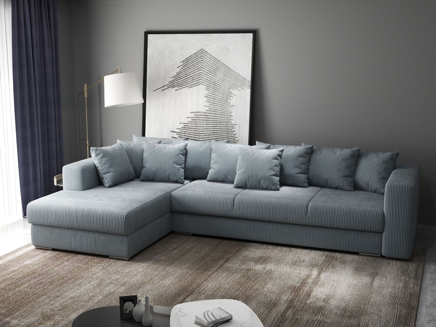 Colțar extensibil dumonde cu ladă de depozitare si sezut confortabil din spuma HR, Gloria Zoom Grey 320x183 cm Fabrica