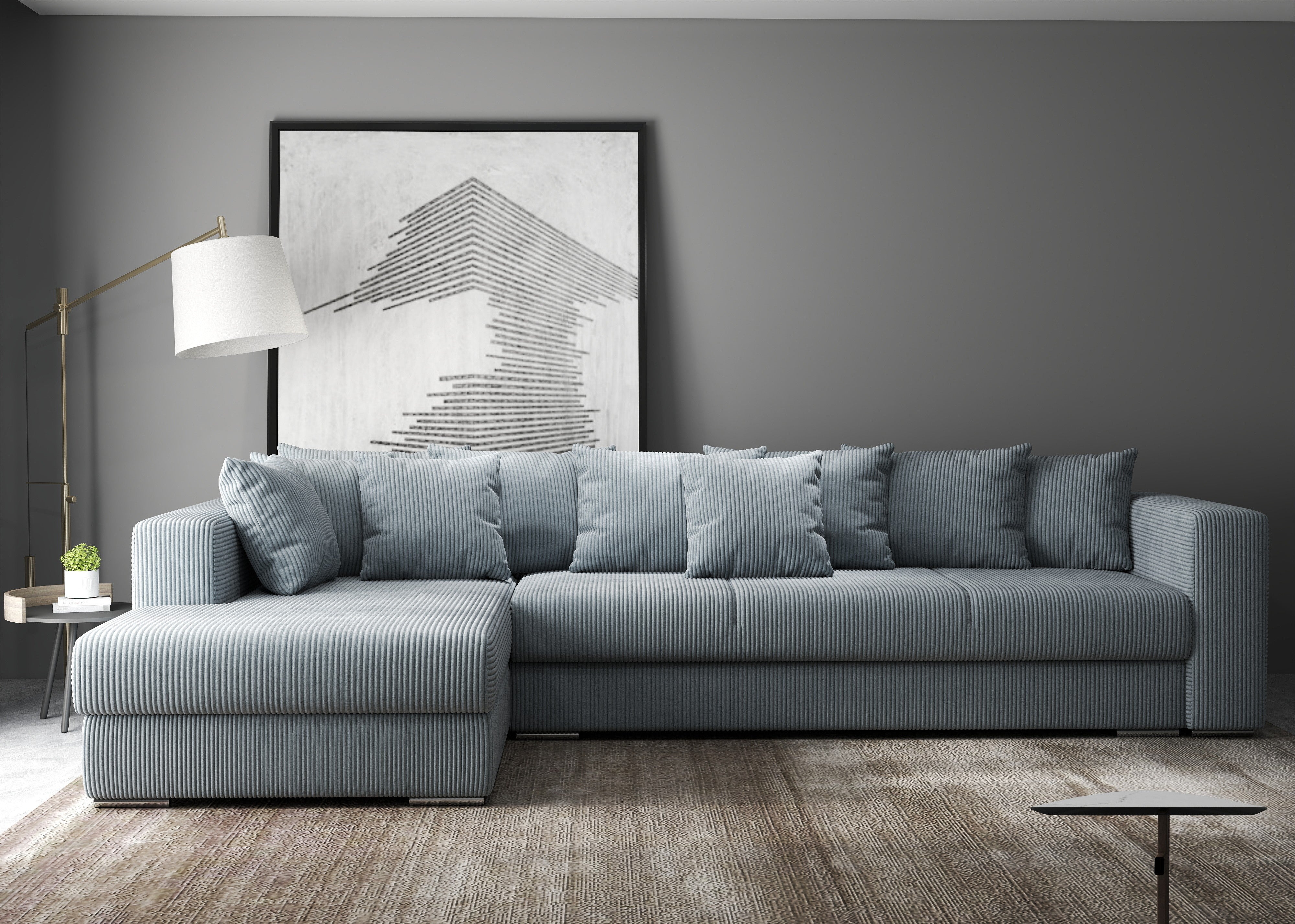 Colțar extensibil dumonde cu ladă de depozitare si sezut confortabil din spuma HR, Gloria Zoom Grey 320x183 cm Fabrica