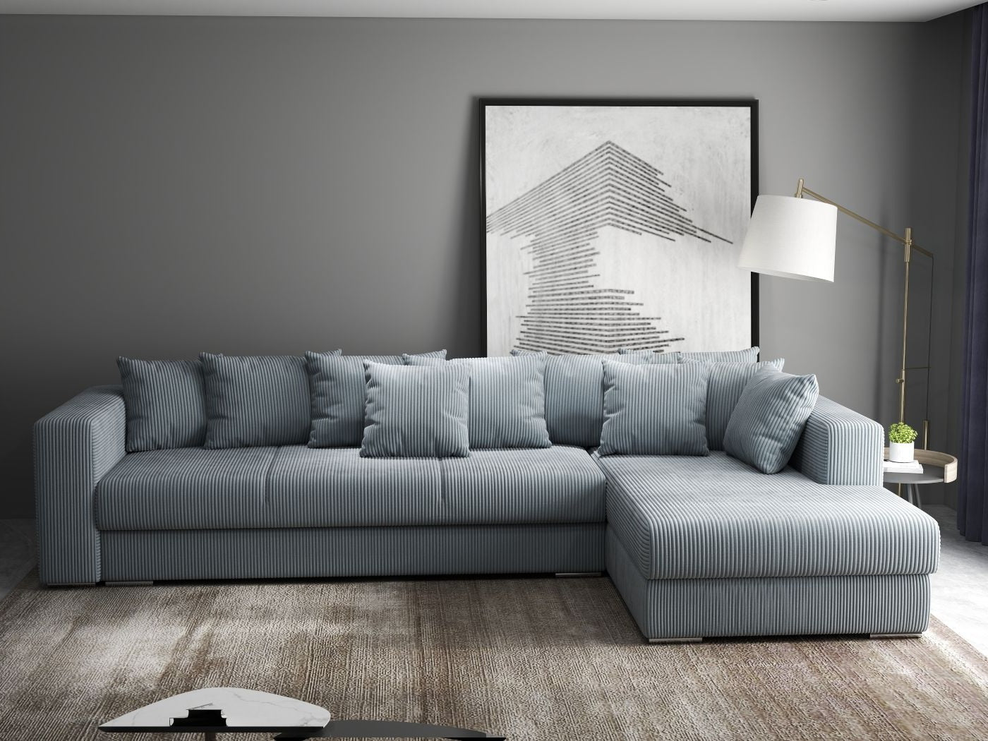 Colțar extensibil dumonde cu ladă de depozitare si sezut confortabil din spuma HR, Gloria Zoom Grey II 320x183 cm Fabrica