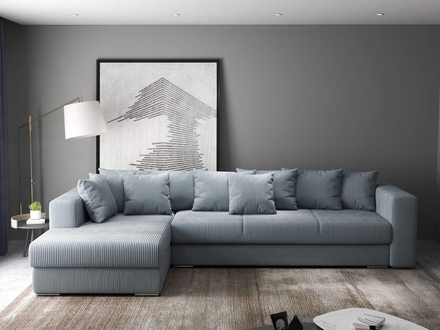 Colțar extensibil dumonde cu ladă de depozitare si sezut confortabil din spuma HR, Gloria Zoom Grey 320x183 cm Fabrica