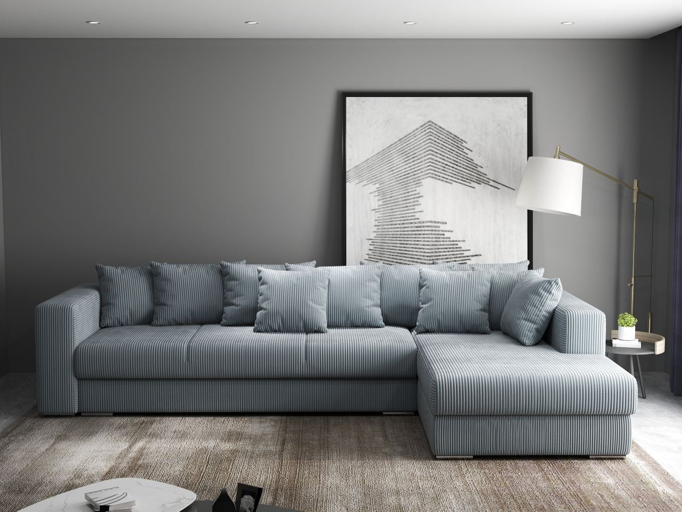 Colțar extensibil dumonde cu ladă de depozitare si sezut confortabil din spuma HR, Gloria Zoom Grey II 320x183 cm Fabrica