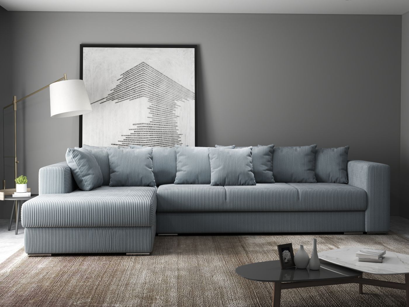 Colțar extensibil dumonde cu ladă de depozitare si sezut confortabil din spuma HR, Gloria Zoom Grey 320x183 cm Fabrica