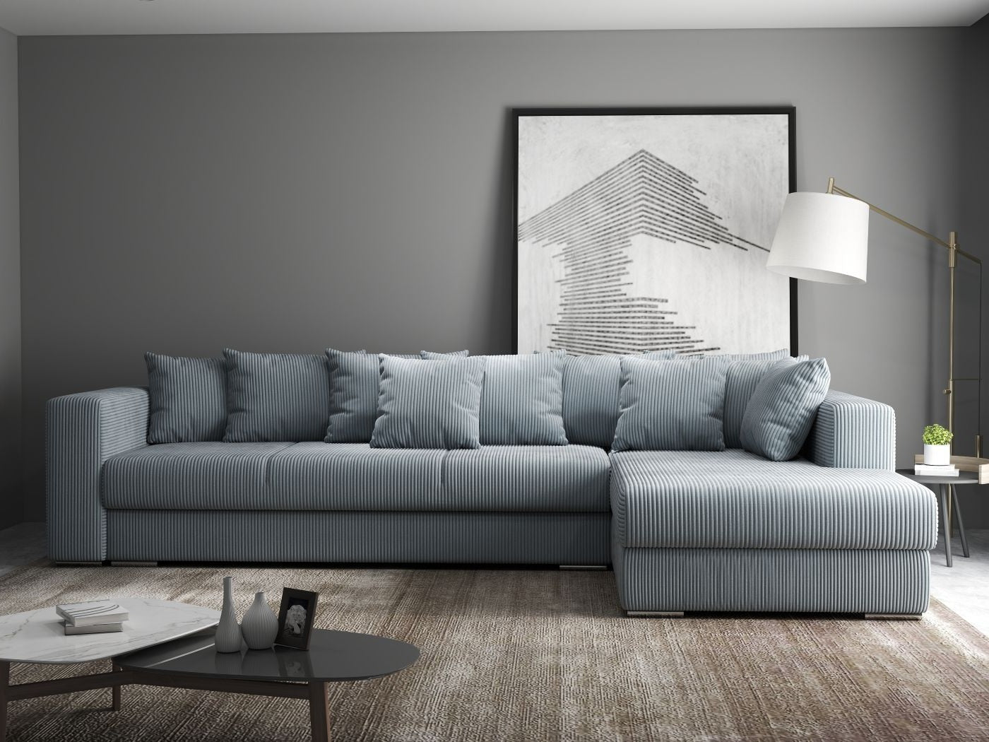 Colțar extensibil dumonde cu ladă de depozitare si sezut confortabil din spuma HR, Gloria Zoom Grey II 320x183 cm Fabrica