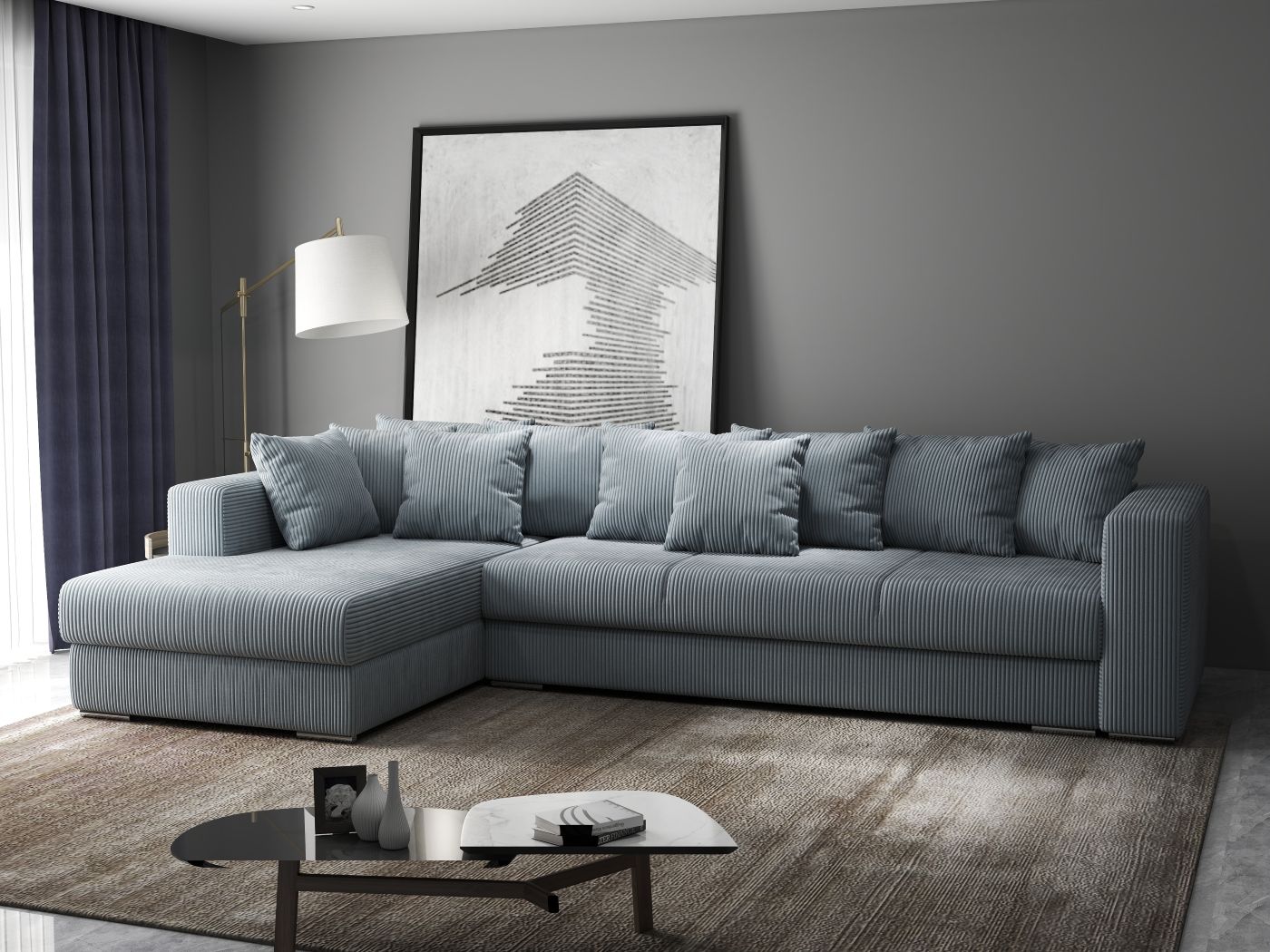 Colțar extensibil dumonde cu ladă de depozitare si sezut confortabil din spuma HR, Gloria Grey Zoom 320x183 cm Fabrica