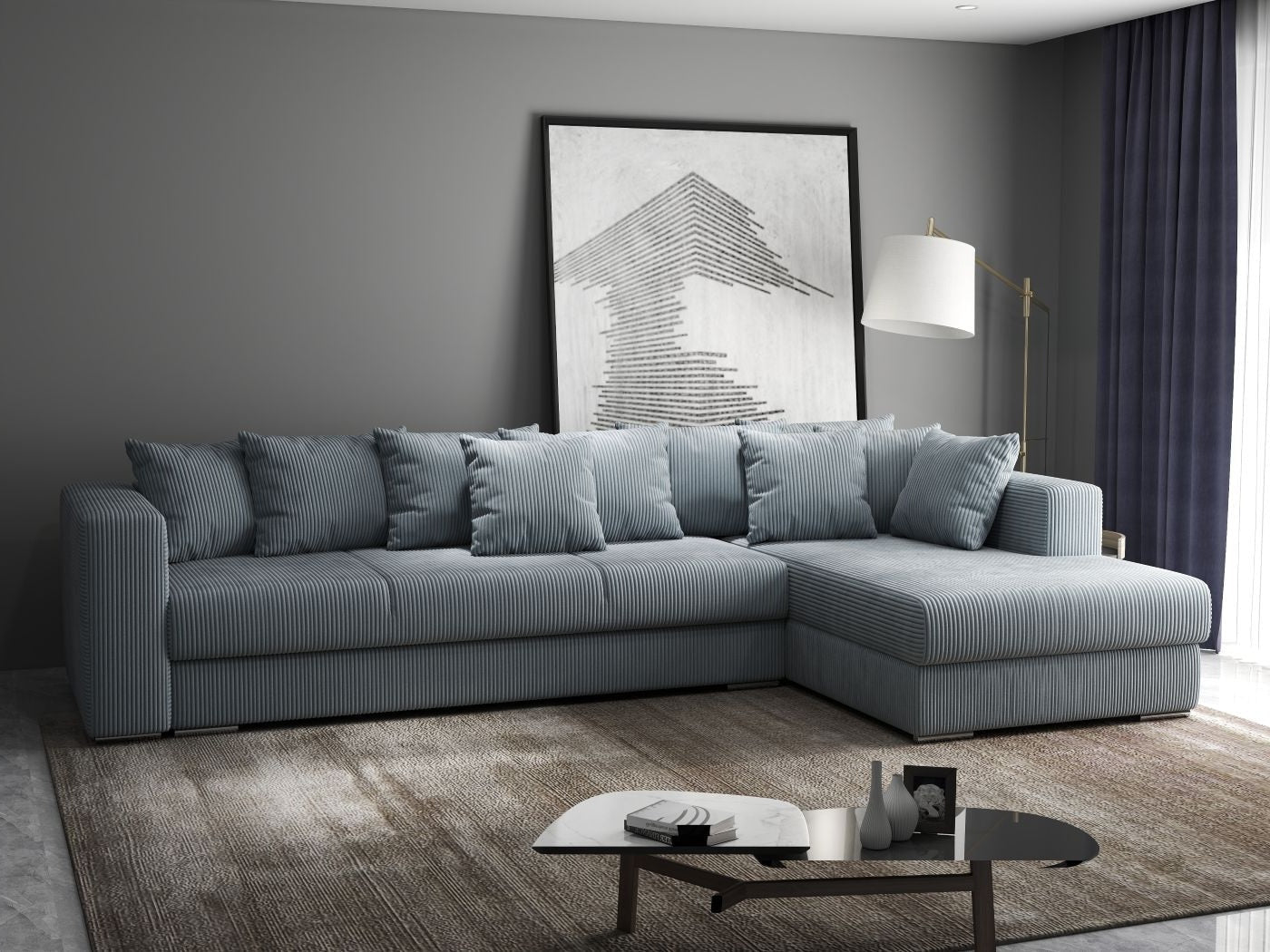 Colțar extensibil dumonde cu ladă de depozitare si sezut confortabil din spuma HR, Gloria Zoom Grey II 320x183 cm Fabrica