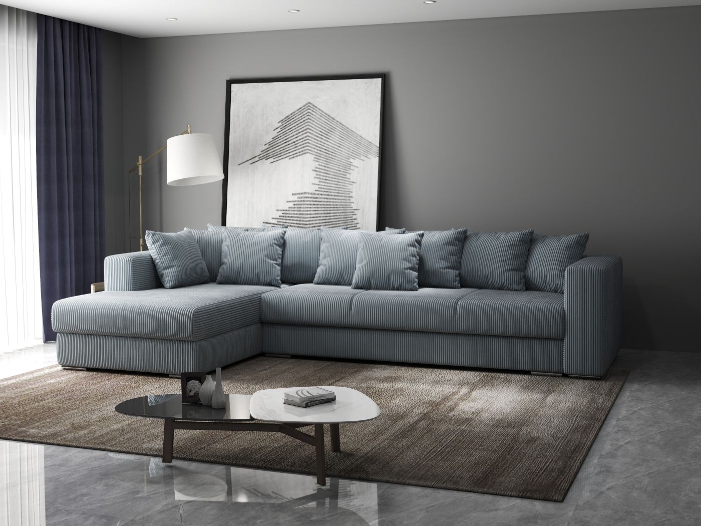 Colțar extensibil dumonde cu ladă de depozitare si sezut confortabil din spuma HR, Gloria Zoom Grey 320x183 cm Fabrica