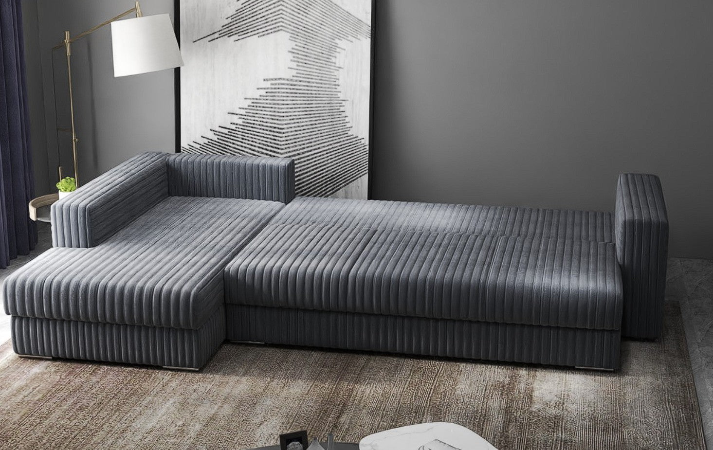 Colțar extensibil dumonde cu ladă de depozitare si sezut confortabil din spuma HR, Gloria Ambience Gri II 320x183 cm Fabrica