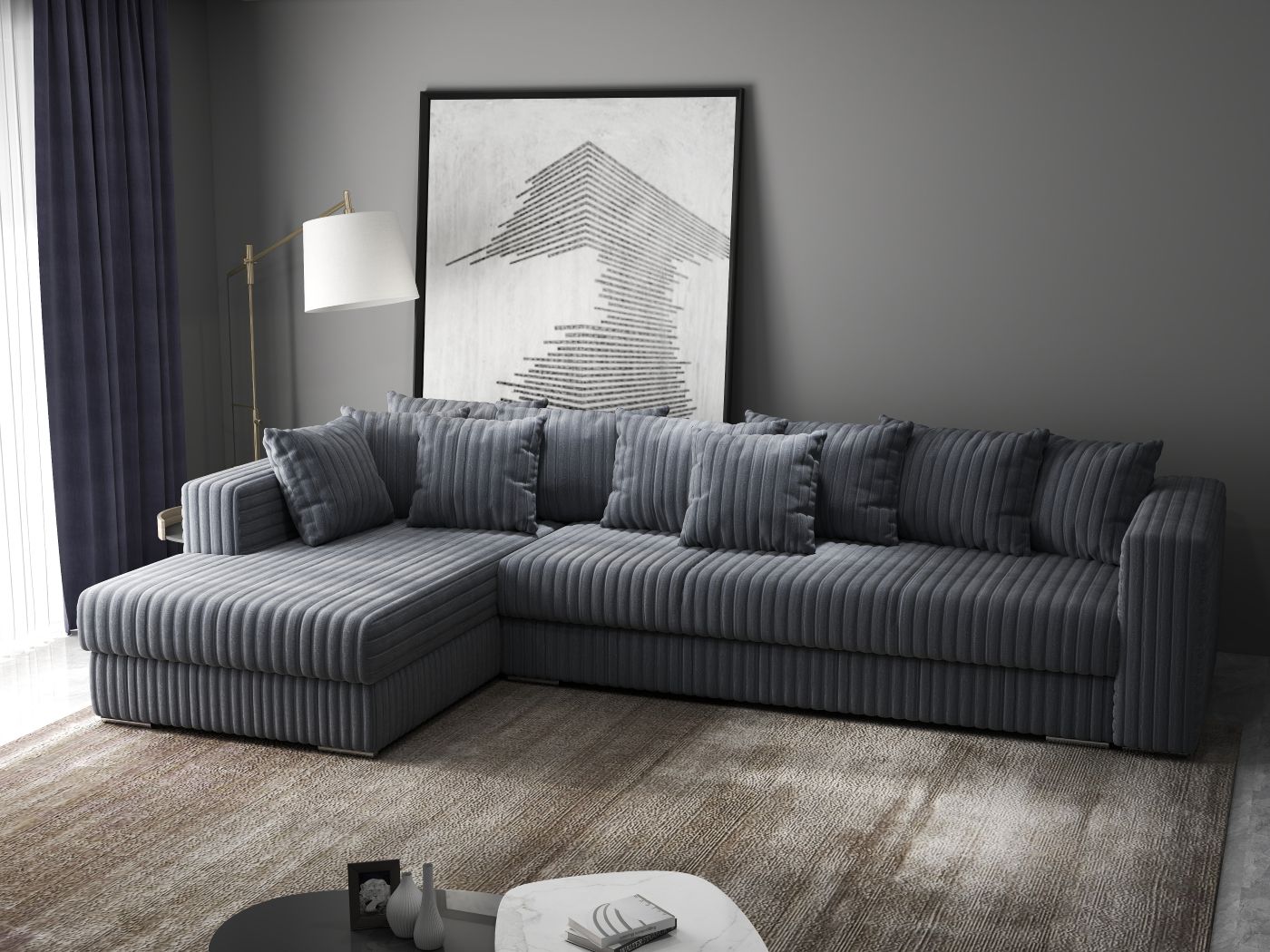 Colțar extensibil dumonde cu ladă de depozitare si sezut confortabil din spuma HR, Gloria Ambience Gri II 320x183 cm Fabrica