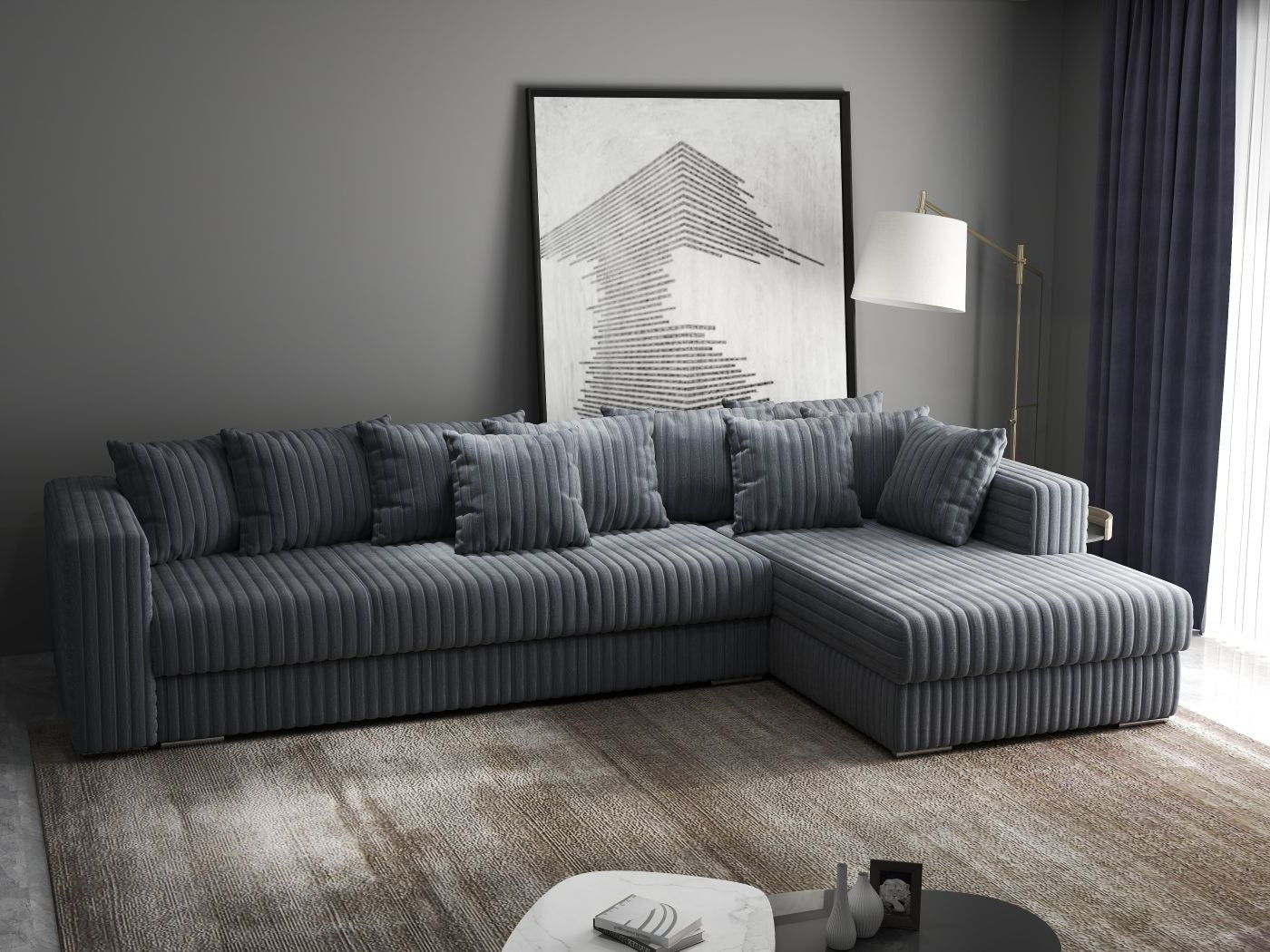 Colțar extensibil dumonde cu ladă de depozitare si sezut confortabil din spuma HR, Gloria Gri Ambience 320x183 cm Fabrica