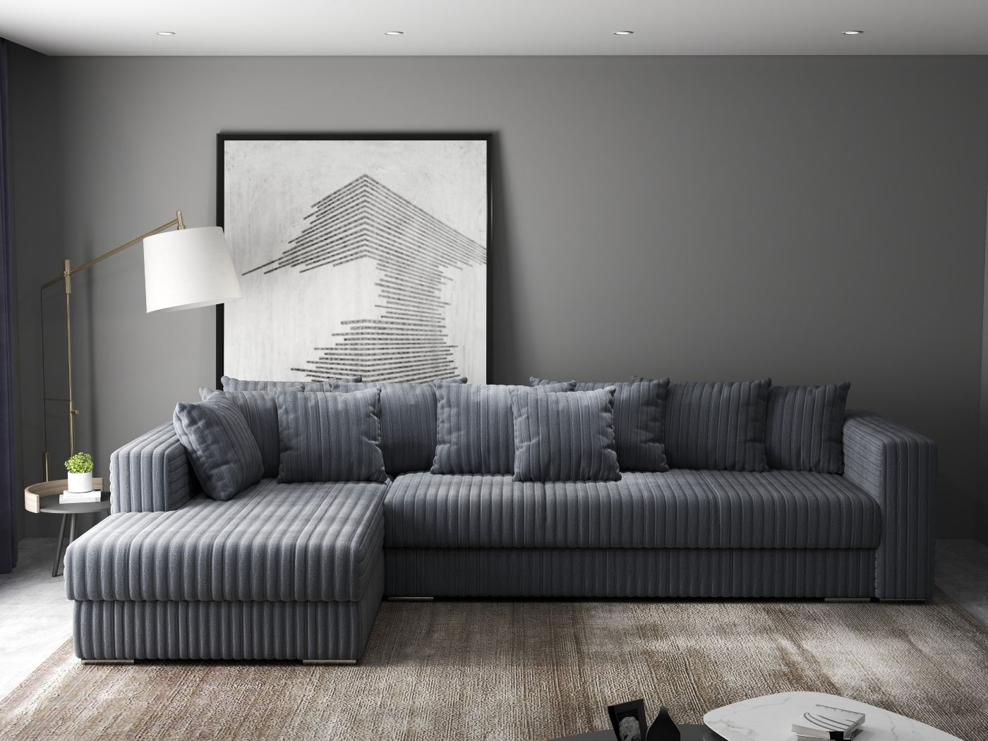 Colțar extensibil dumonde cu ladă de depozitare si sezut confortabil din spuma HR, Gloria Ambience Gri II 320x183 cm Fabrica