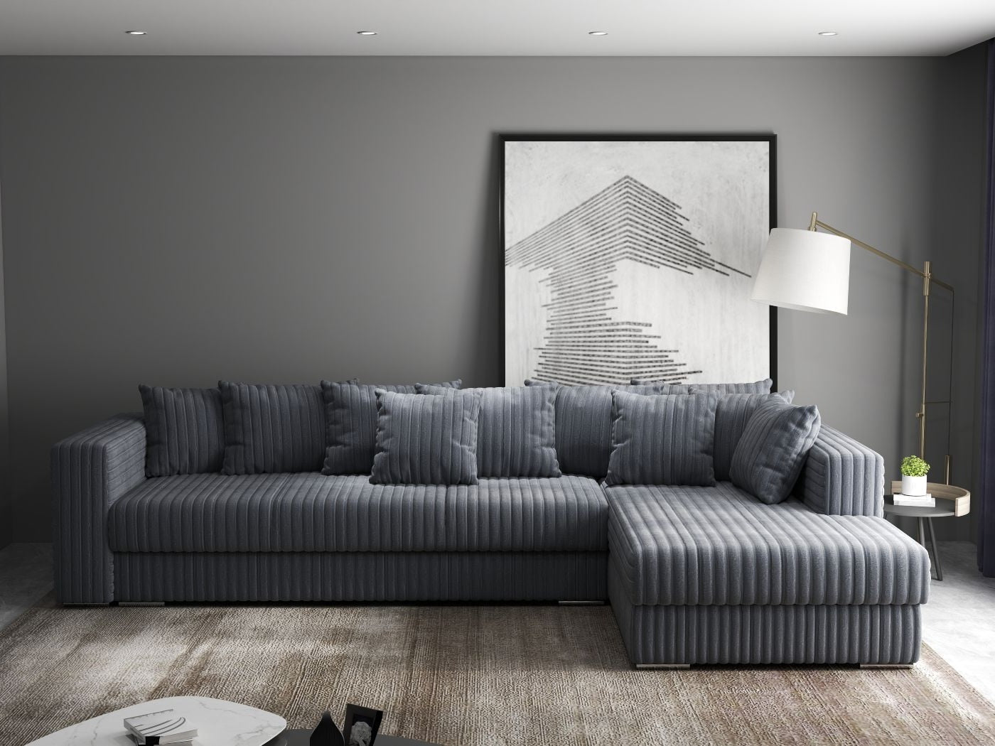 Colțar extensibil dumonde cu ladă de depozitare si sezut confortabil din spuma HR, Gloria Ambience Gri 320x183 cm Fabrica