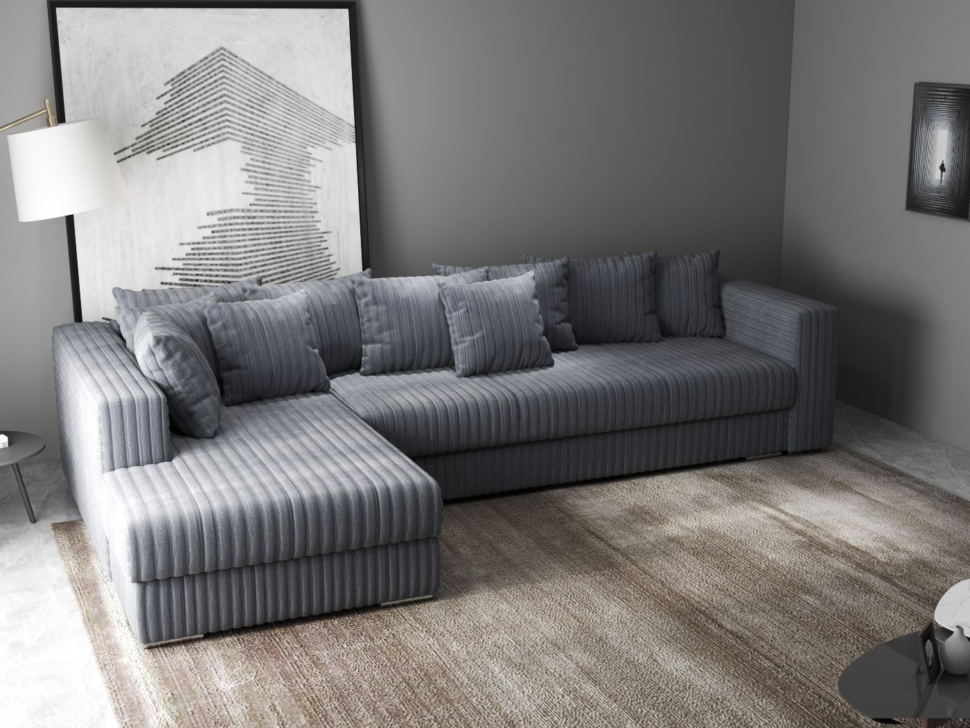 Colțar extensibil dumonde cu ladă de depozitare si sezut confortabil din spuma HR, Gloria Ambience Gri II 320x183 cm Fabrica