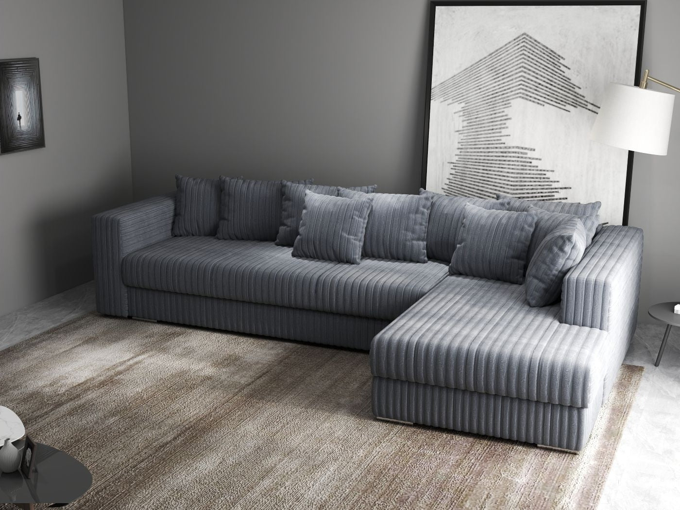 Colțar extensibil dumonde cu ladă de depozitare si sezut confortabil din spuma HR, Gloria Ambience Gri 320x183 cm Fabrica