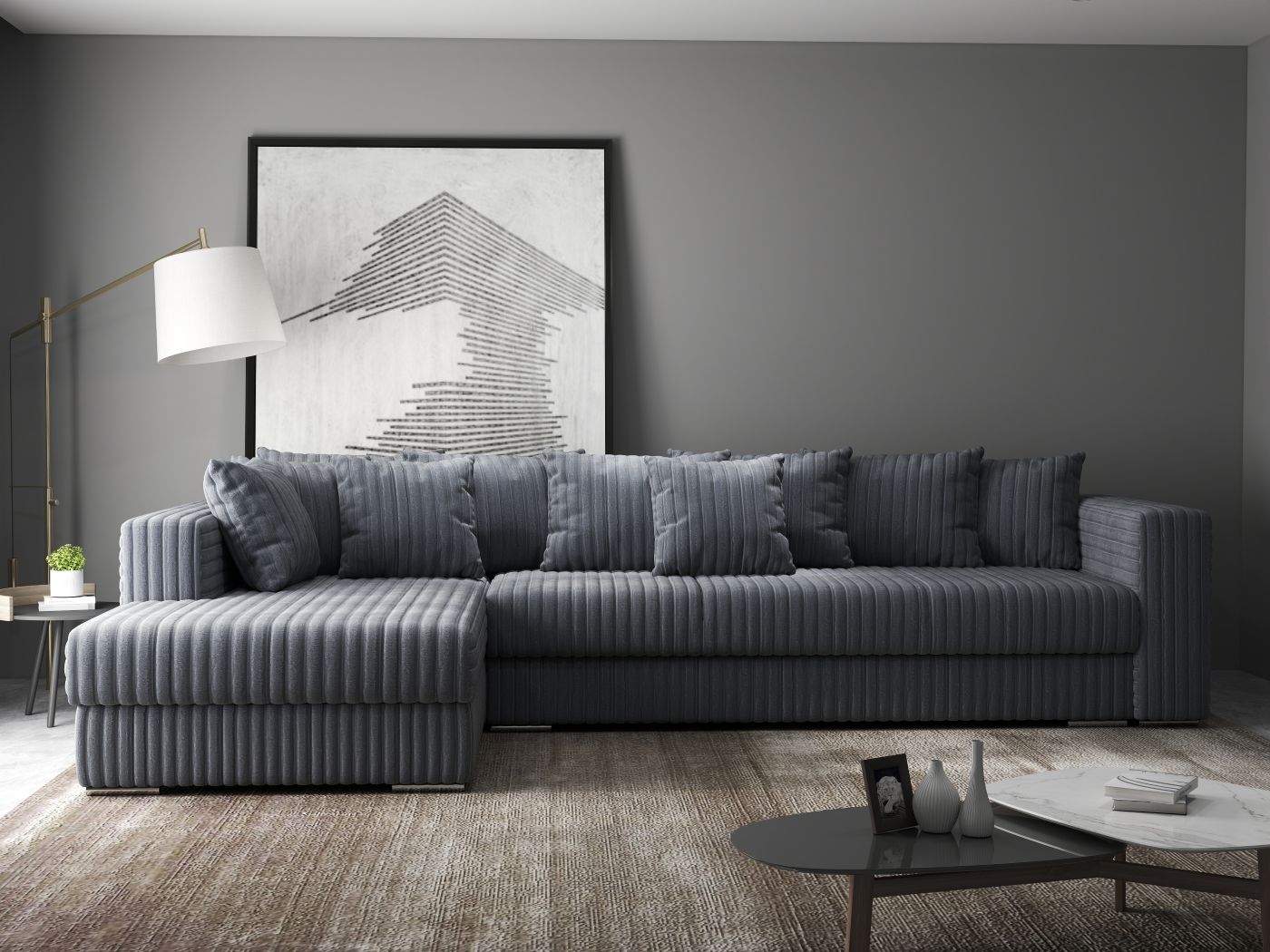 Colțar extensibil dumonde cu ladă de depozitare si sezut confortabil din spuma HR, Gloria Ambience Gri II 320x183 cm Fabrica