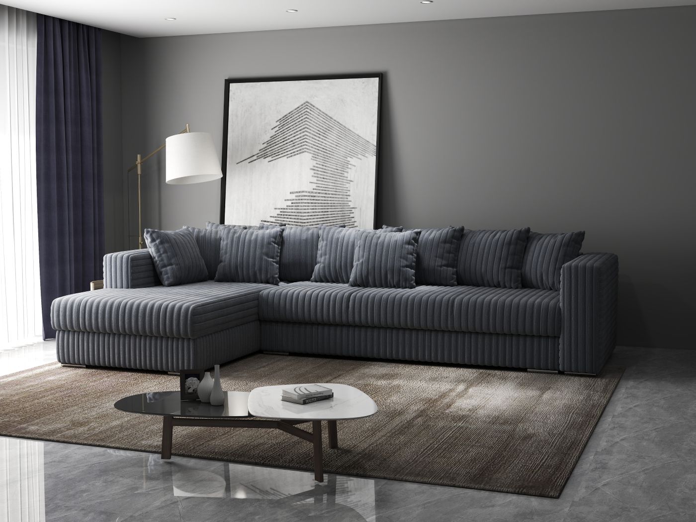 Colțar extensibil dumonde cu ladă de depozitare si sezut confortabil din spuma HR, Gloria Gri Ambience II 320x183 cm Fabrica