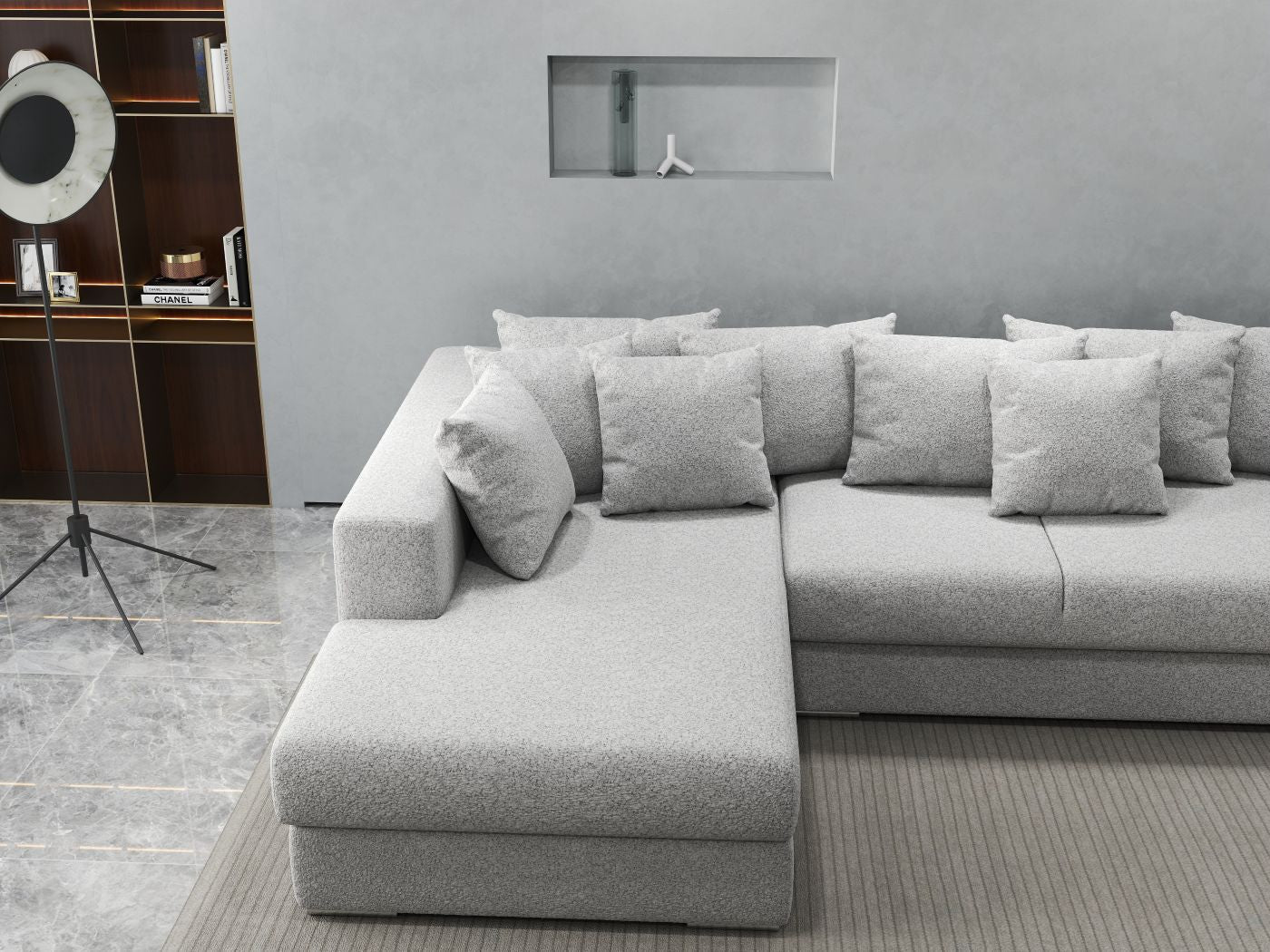 Colțar extensibil dumonde cu ladă de depozitare si sezut confortabil din spuma HR, Gloria Euphoria Dove 320x183 cm Fabrica