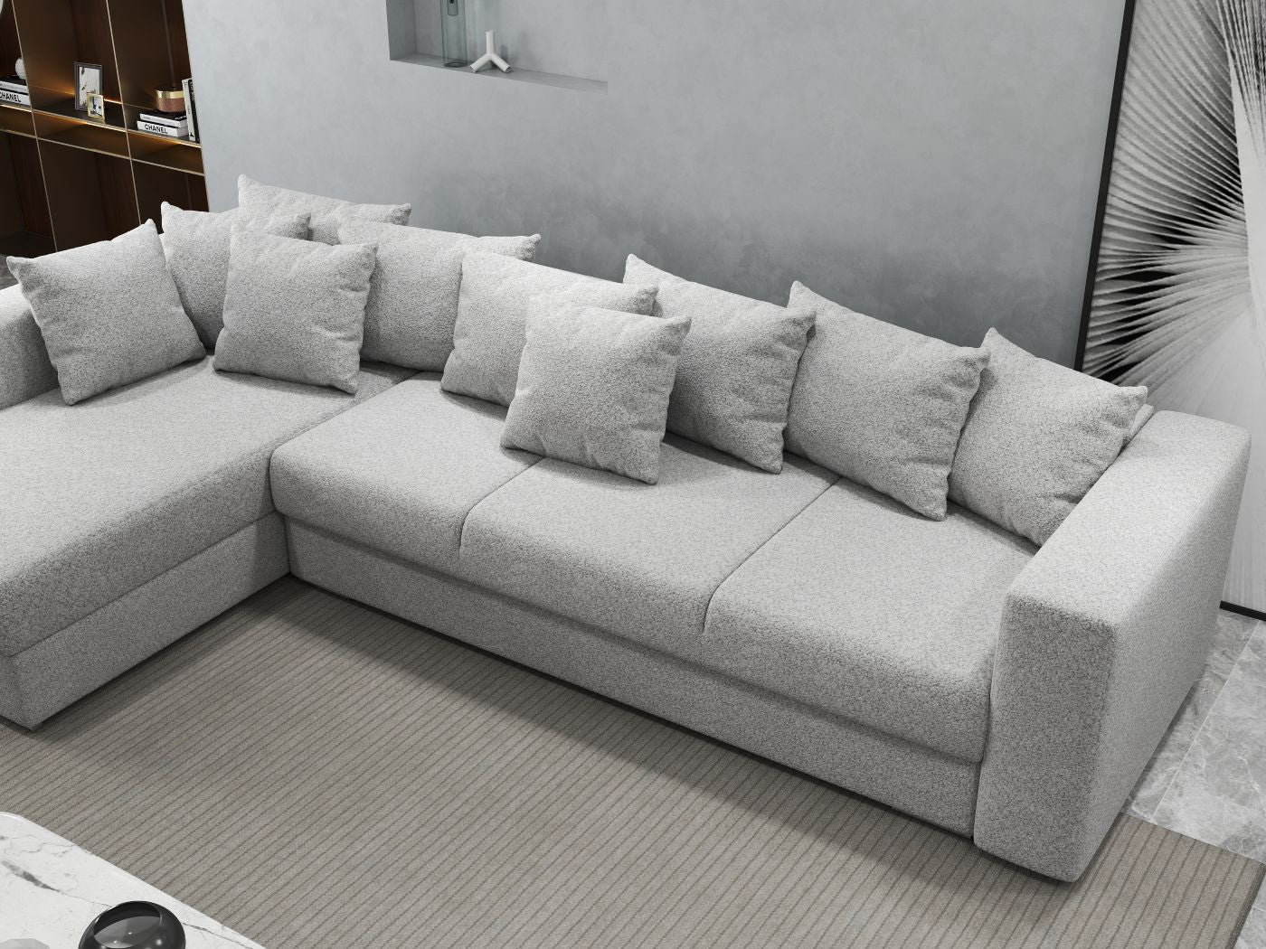 Colțar extensibil dumonde cu ladă de depozitare si sezut confortabil din spuma HR, Gloria Euphoria Dove 320x183 cm Fabrica
