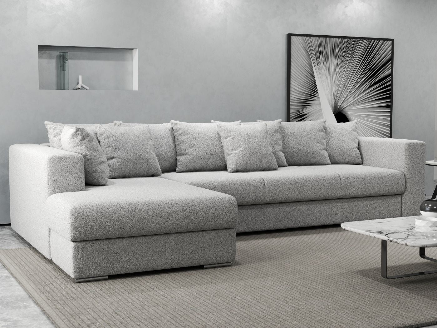 Colțar extensibil dumonde cu ladă de depozitare si sezut confortabil din spuma HR, Gloria Euphoria Dove 320x183 cm Fabrica