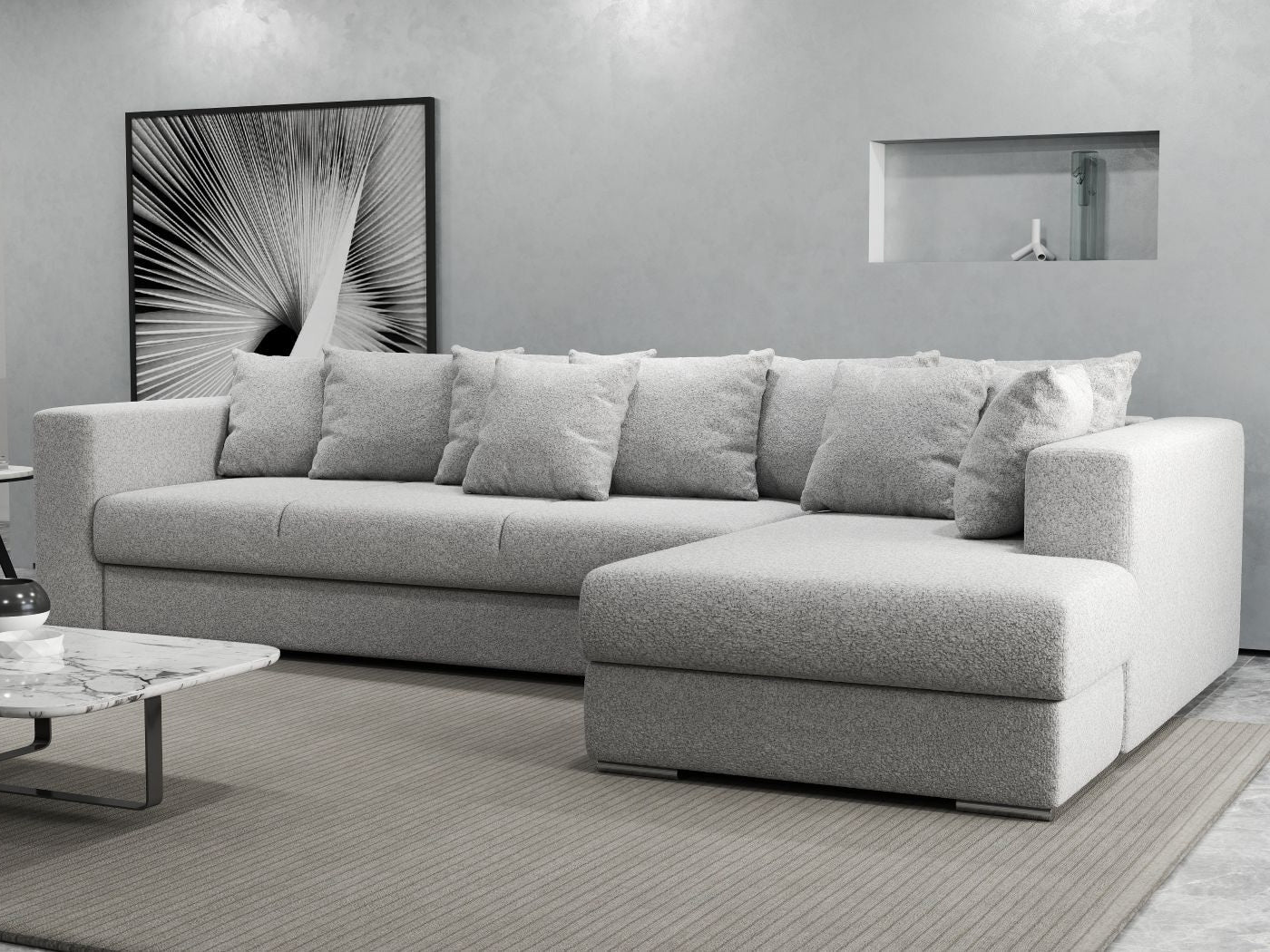 Colțar extensibil dumonde cu ladă de depozitare si sezut confortabil din spuma HR, Gloria Euphoria Dove II 320x183 cm Fabrica