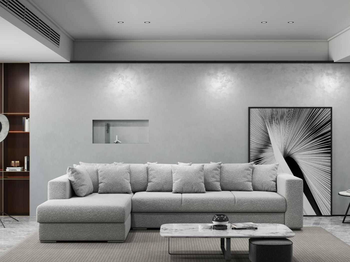 Colțar extensibil dumonde cu ladă de depozitare si sezut confortabil din spuma HR, Gloria Euphoria Dove 320x183 cm Fabrica