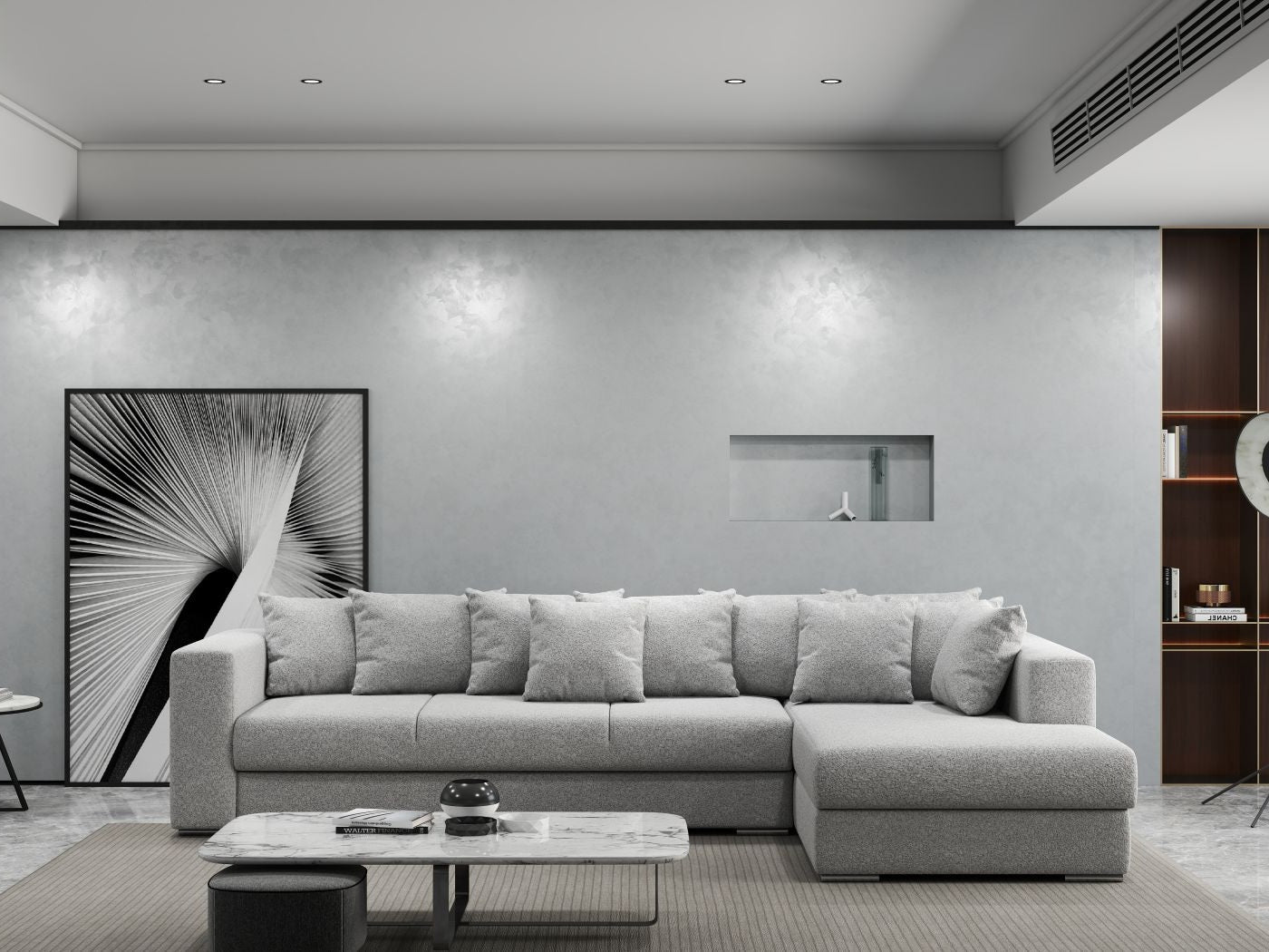 Colțar extensibil dumonde cu ladă de depozitare si sezut confortabil din spuma HR, Gloria Euphoria Dove II 320x183 cm Fabrica