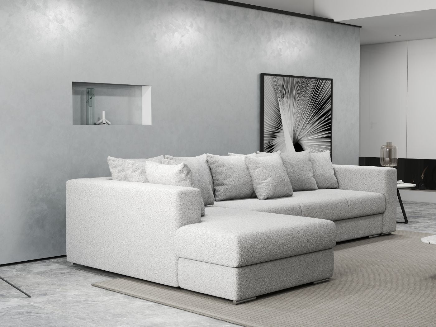 Colțar extensibil dumonde cu ladă de depozitare si sezut confortabil din spuma HR, Gloria Euphoria Dove 320x183 cm Fabrica