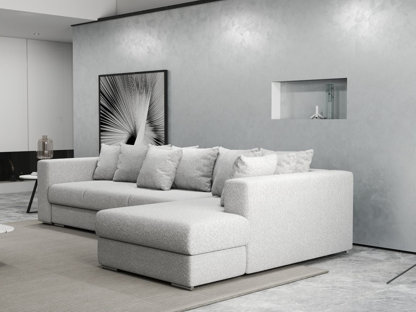 Colțar extensibil dumonde cu ladă de depozitare si sezut confortabil din spuma HR, Gloria Euphoria Dove II 320x183 cm Fabrica