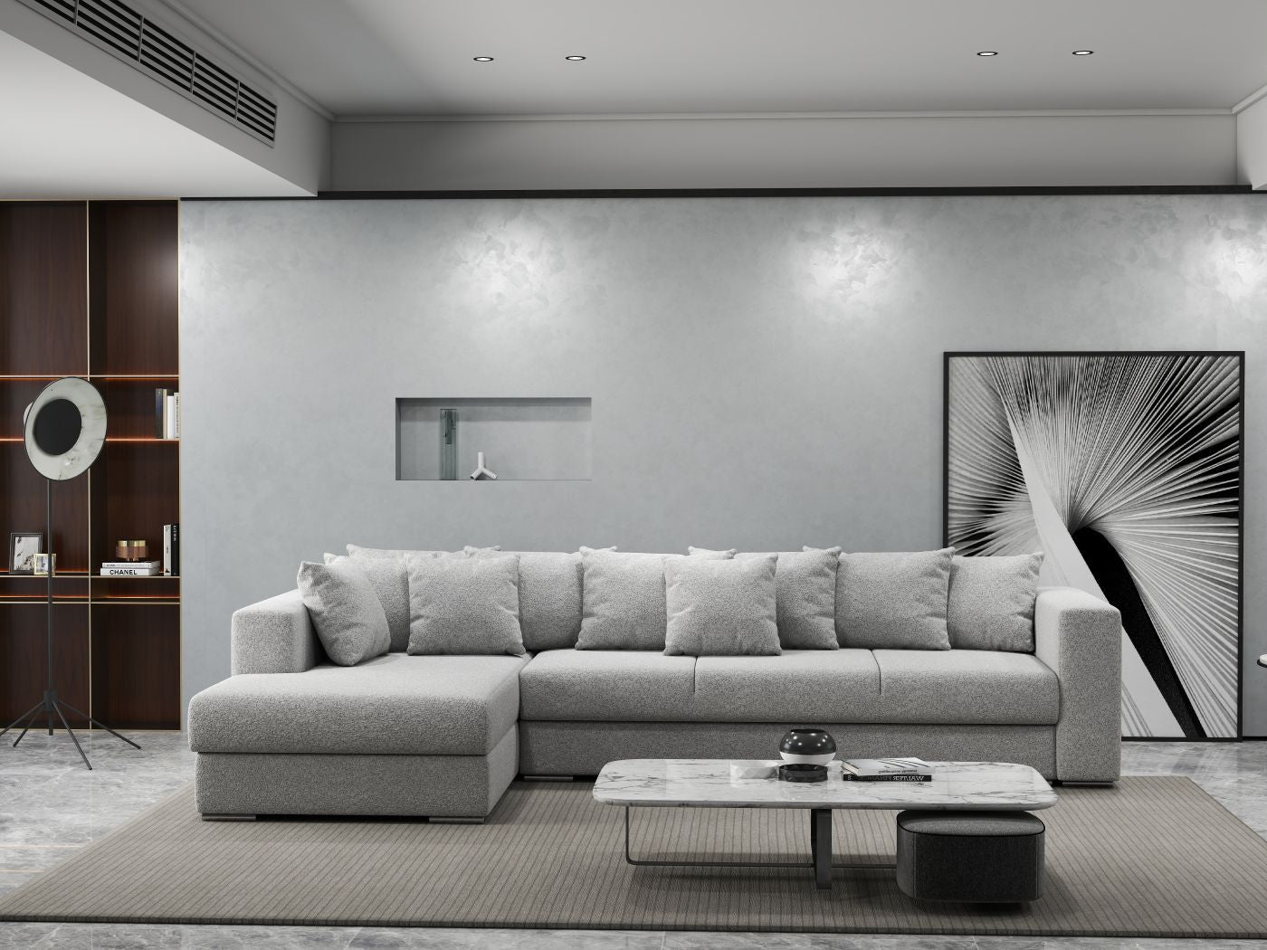 Colțar extensibil dumonde cu ladă de depozitare si sezut confortabil din spuma HR, Gloria Euphoria Dove 320x183 cm Fabrica