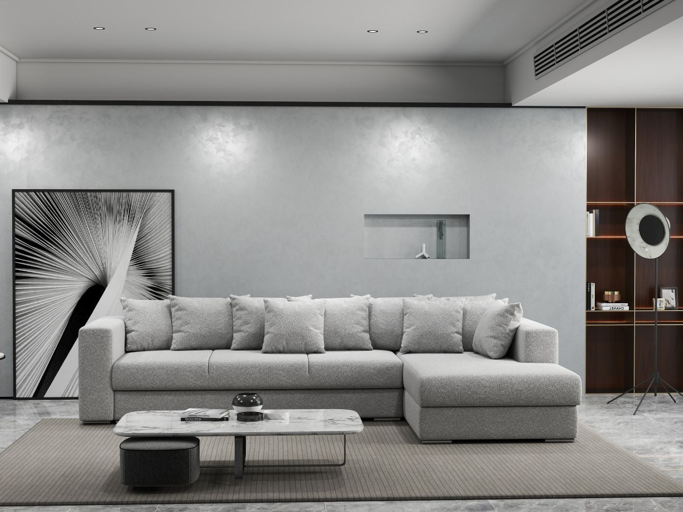 Colțar extensibil dumonde cu ladă de depozitare si sezut confortabil din spuma HR, Gloria Euphoria Dove II 320x183 cm Fabrica