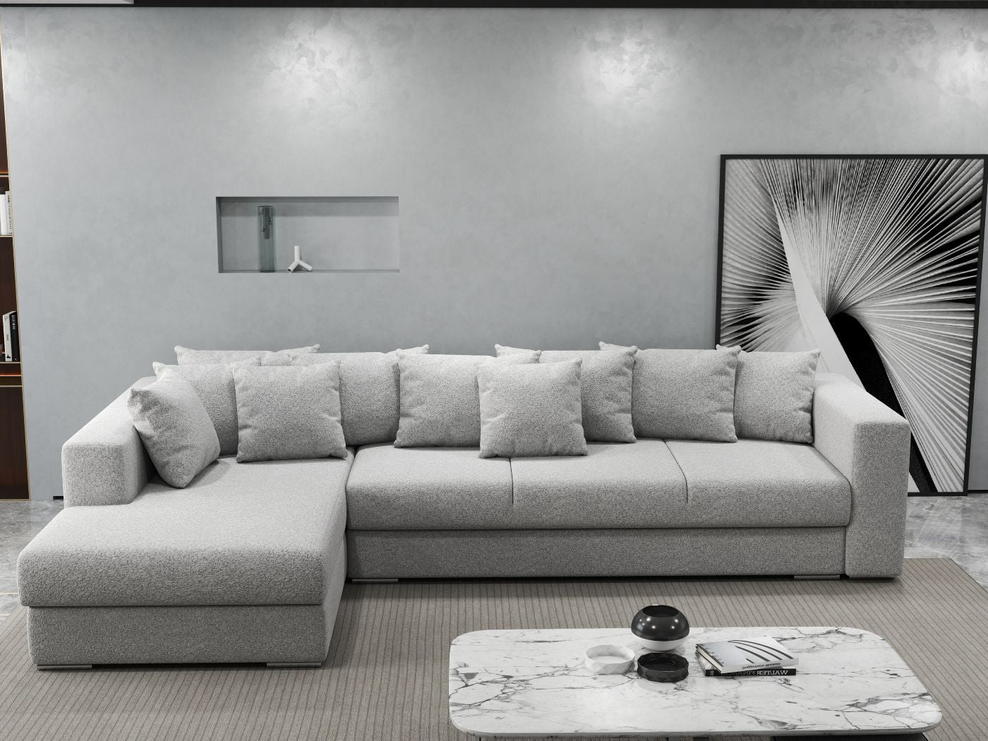 Colțar extensibil dumonde cu ladă de depozitare si sezut confortabil din spuma HR, Gloria Euphoria Dove 320x183 cm Fabrica