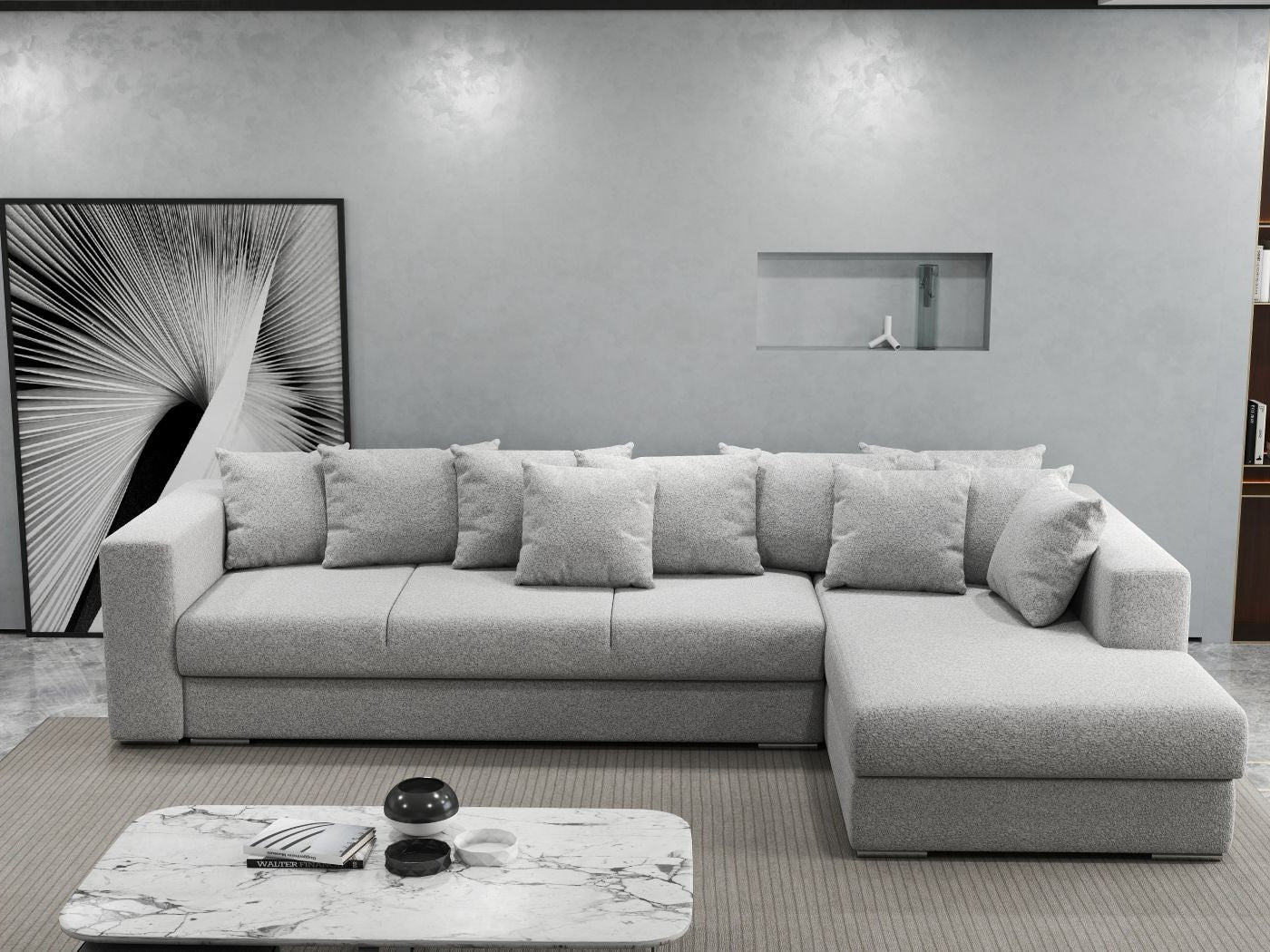 Colțar extensibil dumonde cu ladă de depozitare si sezut confortabil din spuma HR, Gloria Euphoria Dove II 320x183 cm Fabrica