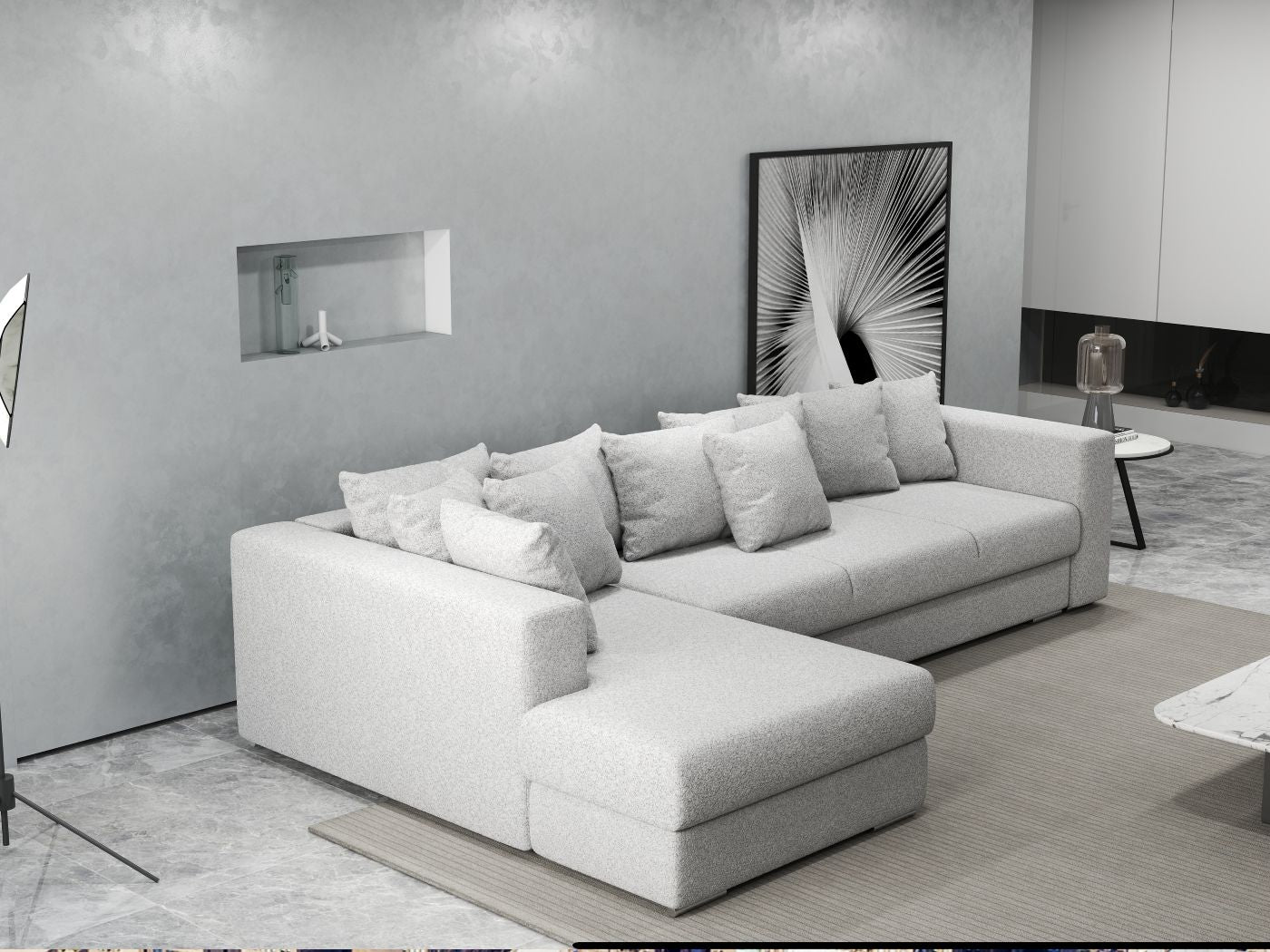 Colțar extensibil dumonde cu ladă de depozitare si sezut confortabil din spuma HR, Gloria Euphoria Dove 320x183 cm Fabrica