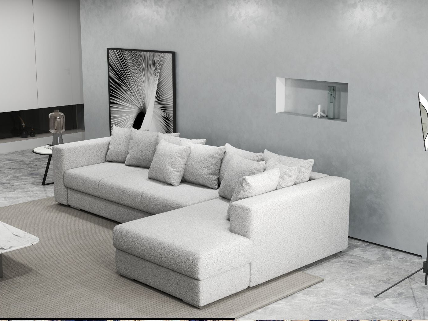 Colțar extensibil dumonde cu ladă de depozitare si sezut confortabil din spuma HR, Gloria Euphoria Dove II 320x183 cm Fabrica