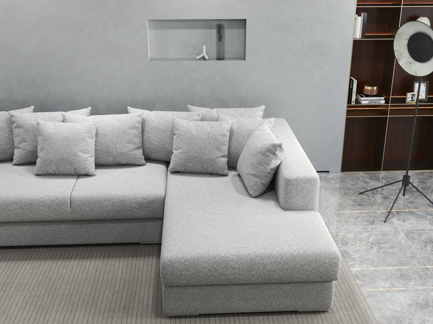 Colțar extensibil dumonde cu ladă de depozitare si sezut confortabil din spuma HR, Gloria Euphoria Dove II 320x183 cm Fabrica