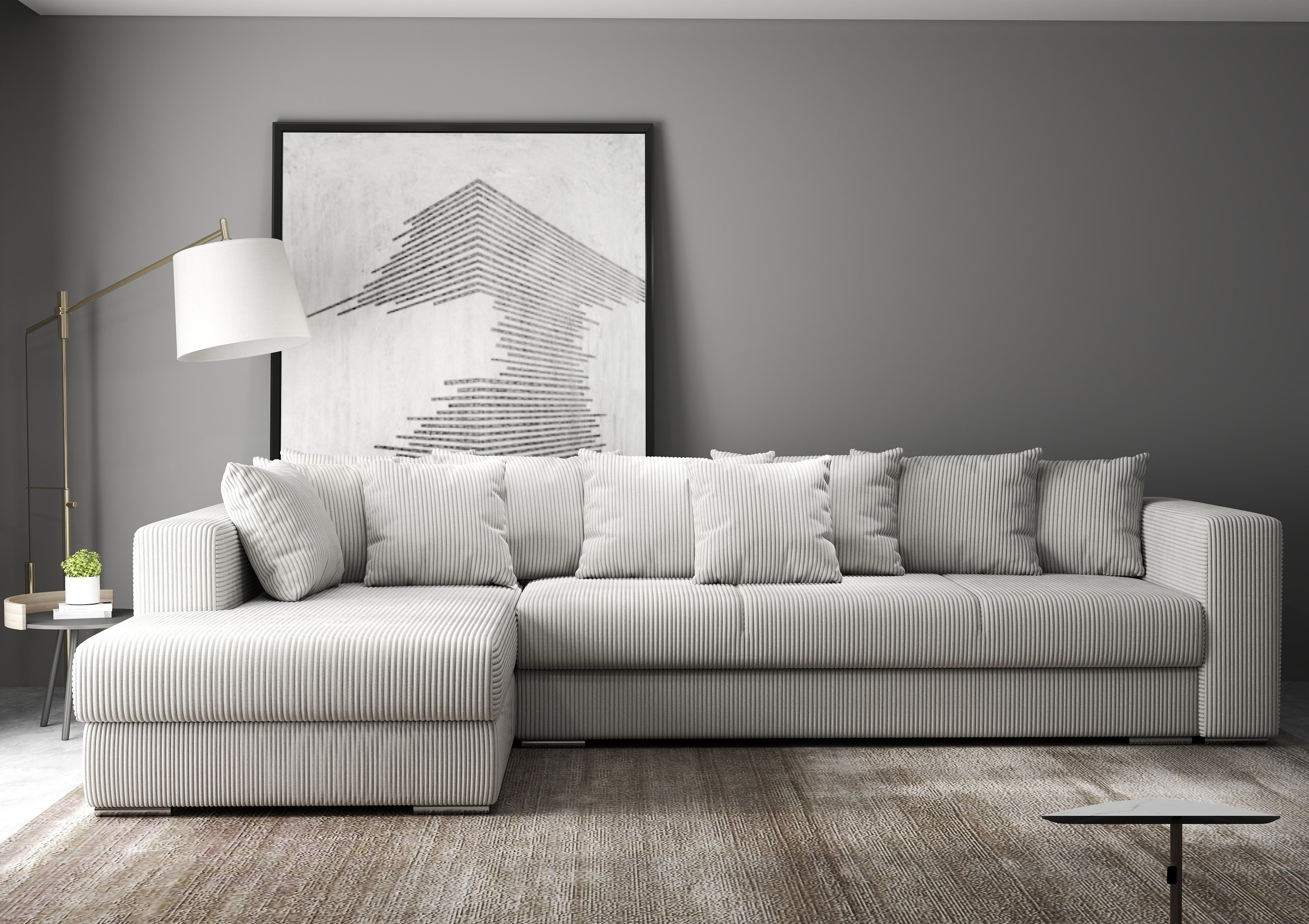 Colțar extensibil dumonde cu ladă de depozitare si sezut confortabil din spuma HR, Gloria Zoom Cream 320x183 cm Fabrica