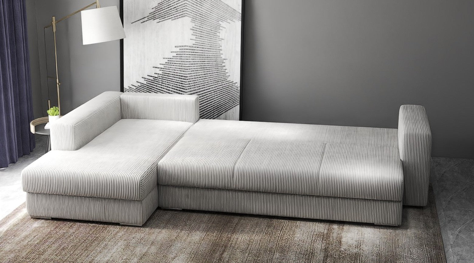 Colțar extensibil dumonde cu ladă de depozitare si sezut confortabil din spuma HR, Gloria Zoom Cream 320x183 cm Fabrica