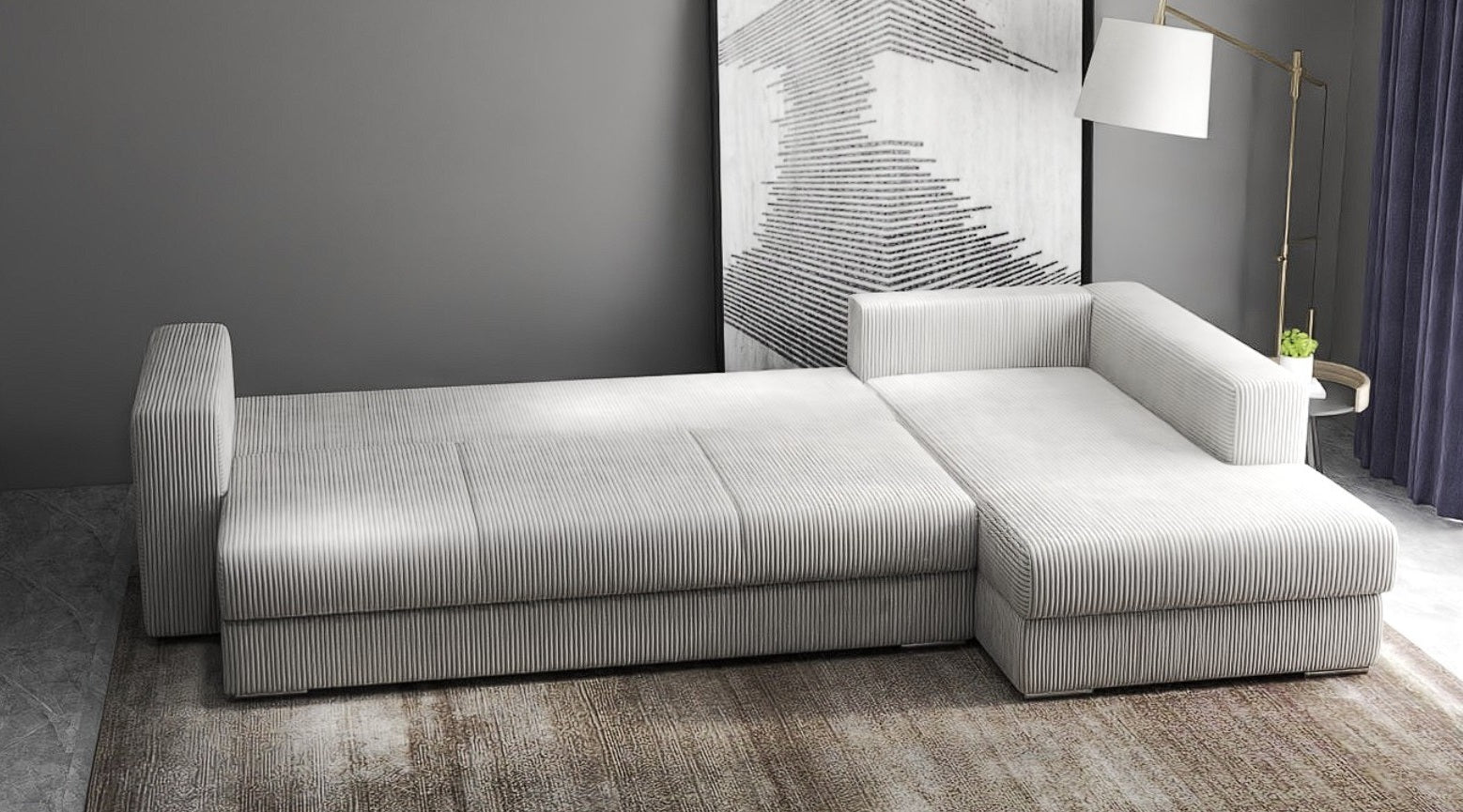 Colțar extensibil dumonde cu ladă de depozitare si sezut confortabil din spuma HR, Gloria Zoom Cream II 320x183 cm Fabrica