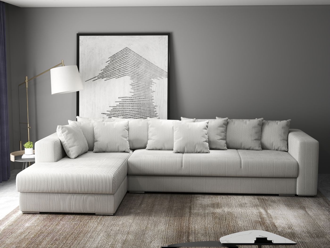 Colțar extensibil dumonde cu ladă de depozitare si sezut confortabil din spuma HR, Gloria Zoom Cream 320x183 cm Fabrica