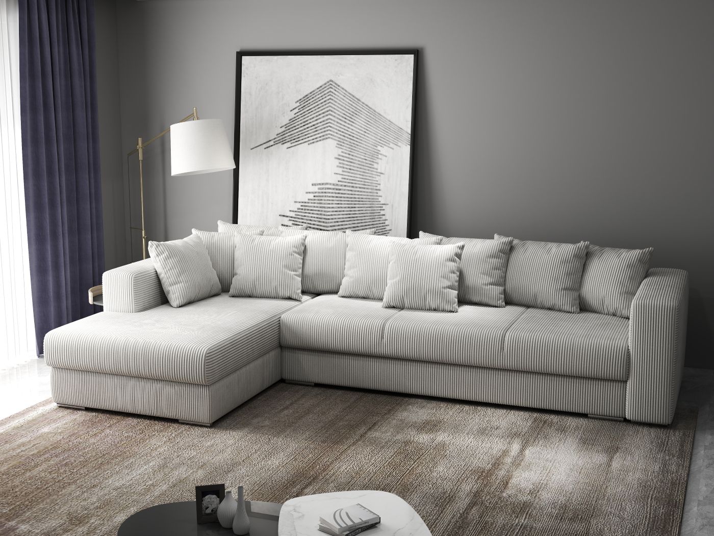 Colțar extensibil dumonde cu ladă de depozitare si sezut confortabil din spuma HR, Gloria Zoom Cream 320x183 cm Fabrica